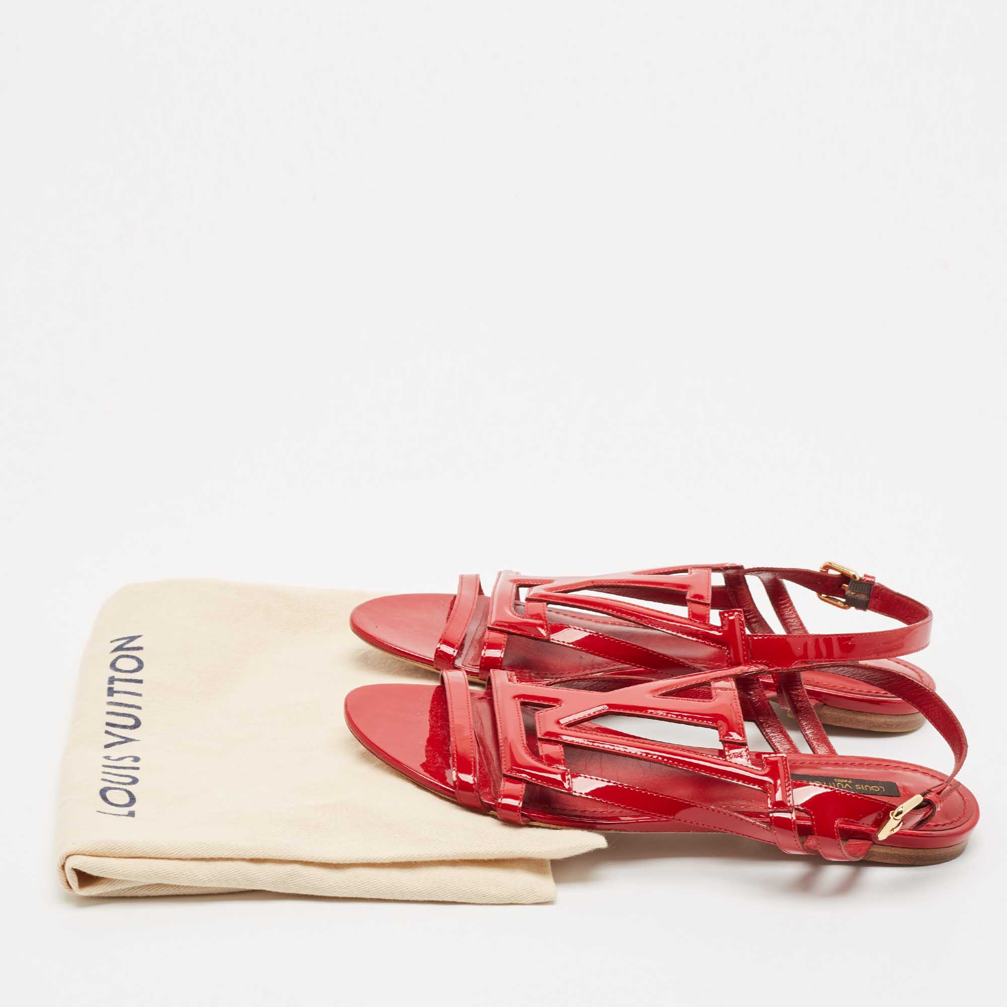 Louis Vuitton Red Patent Leather Slingback Flat Sandals Size 39.5 