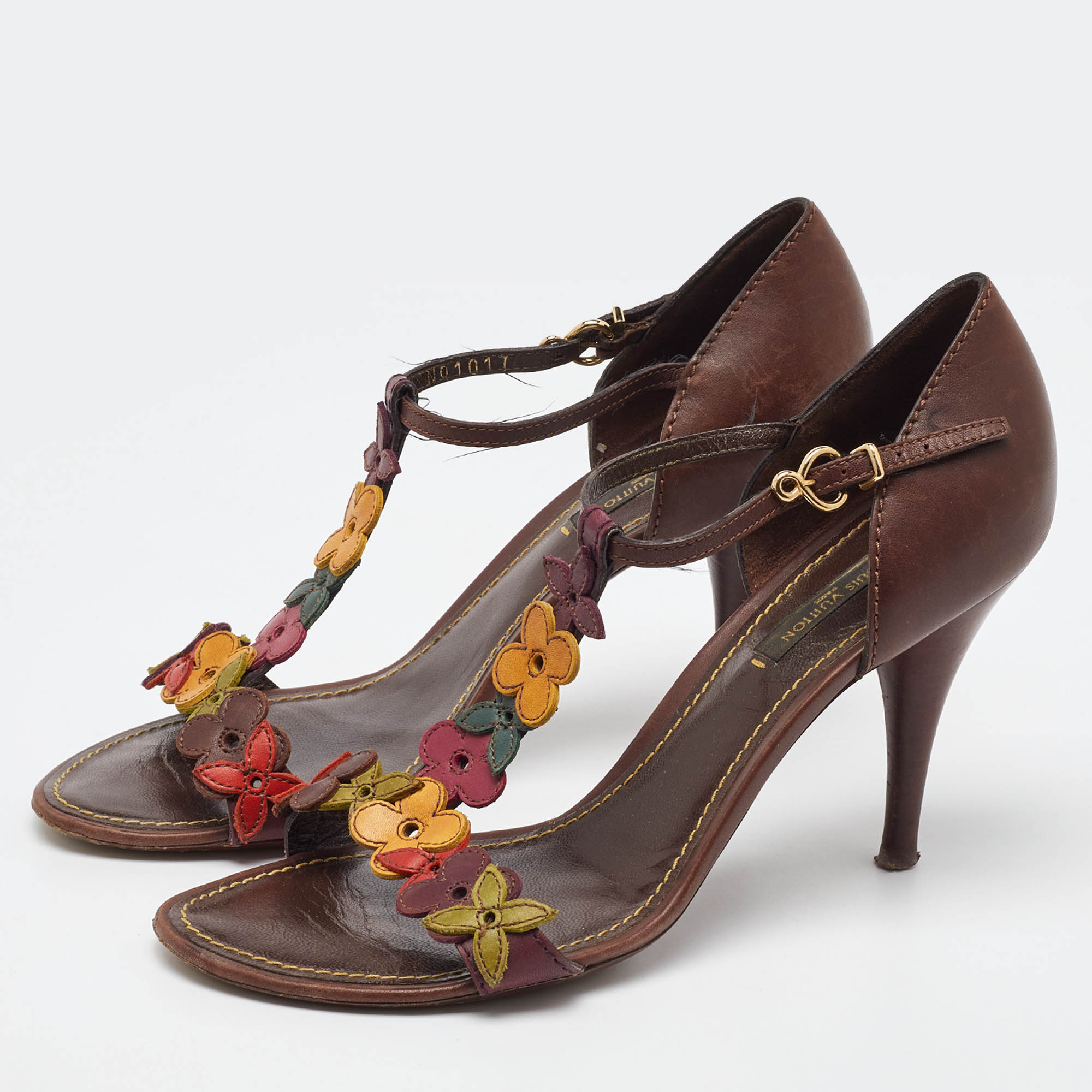 Louis Vuitton Brown Leather Aubepine Floral T Strap Sandals Size 37.5 