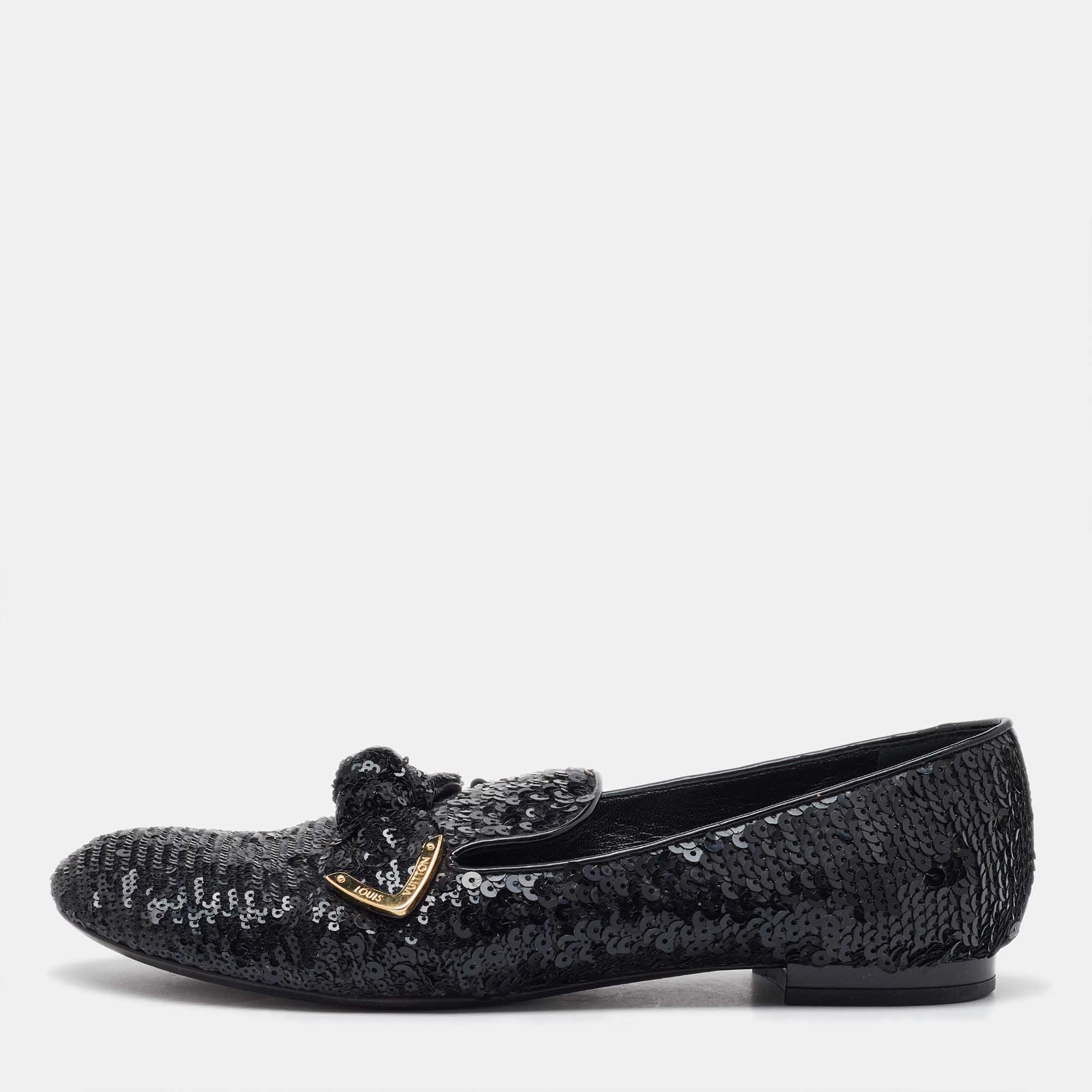 

Louis Vuitton Black Sequins Amulet Bow Detail Smoking Slippers Size