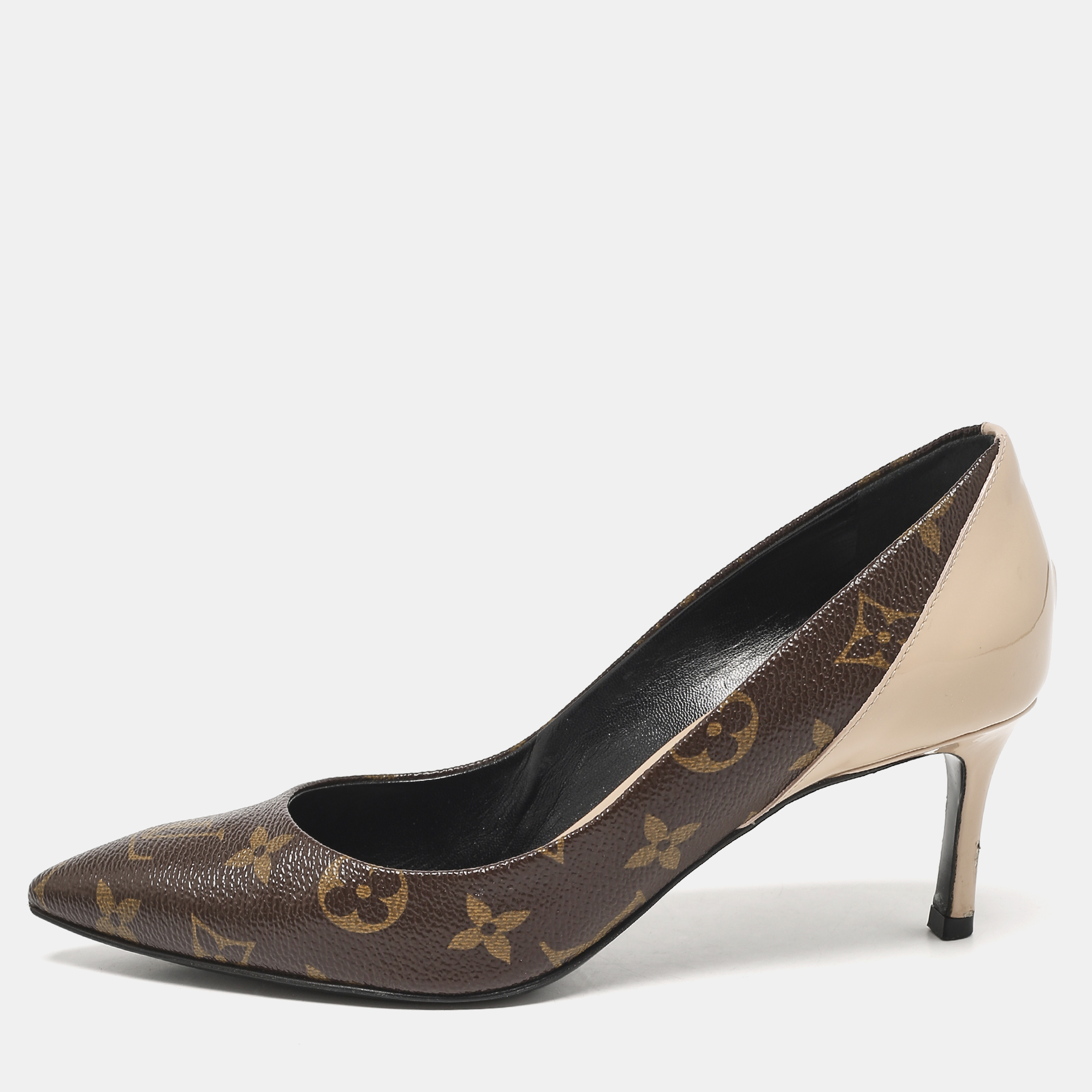 

Louis Vuitton Brown/Beige Leather and Patent Leather Chérie Pumps Size