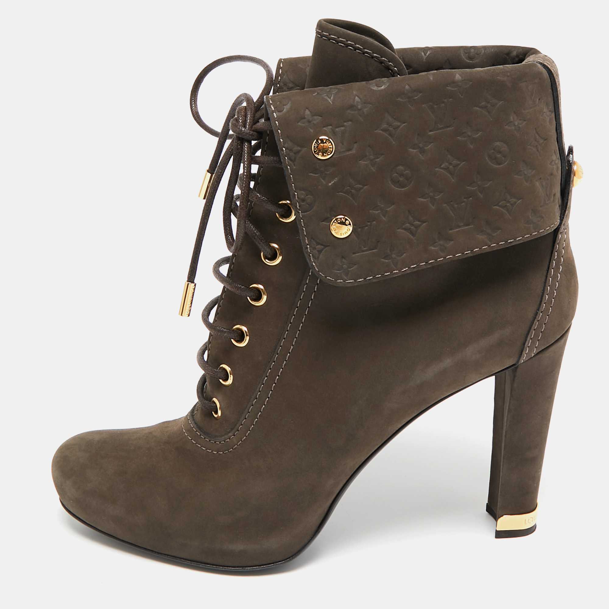 

Louis Vuitton Brown Suede Empreinte Fold Over Lace Up Ankle Boots Size