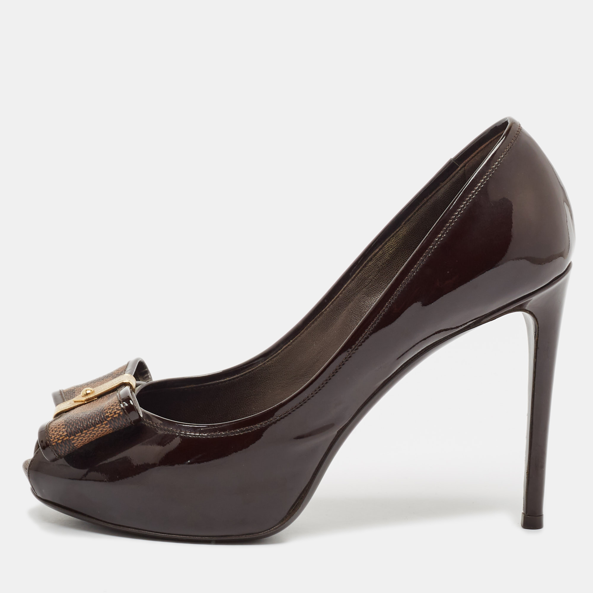 

Louis Vuitton Brown Patent Leather Bow Peep Toe Pumps Size