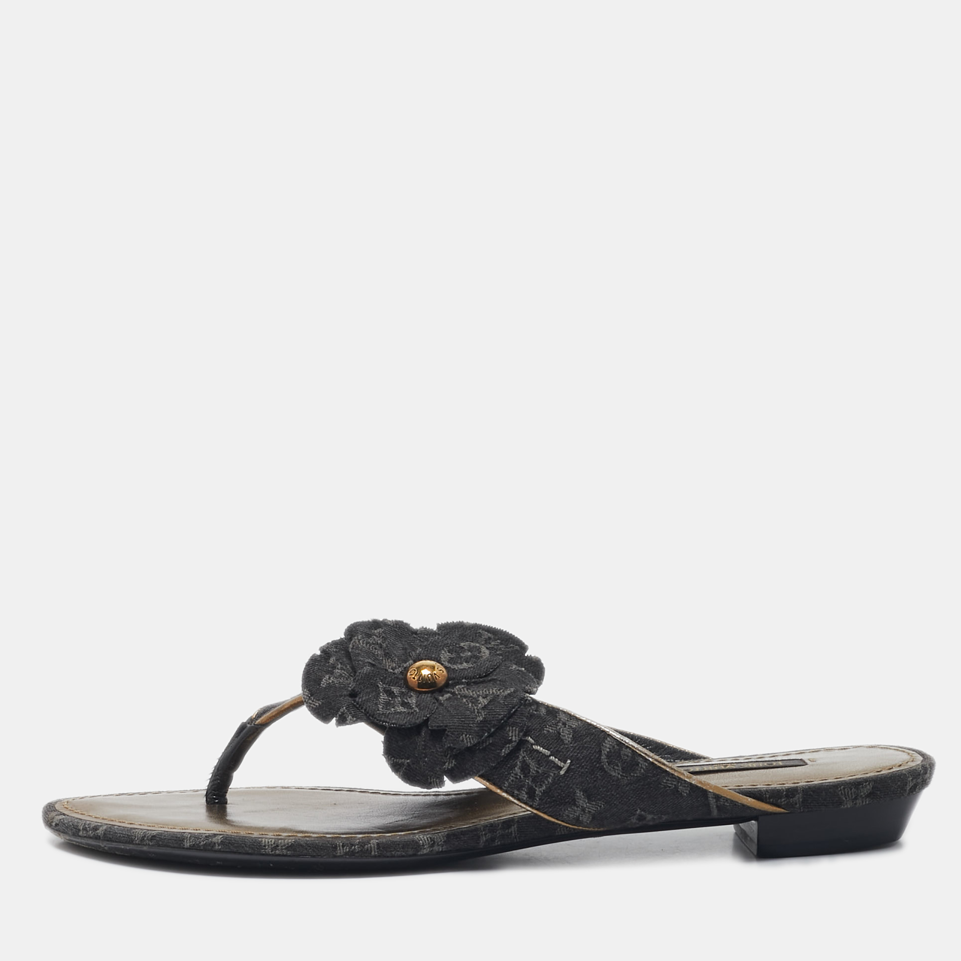 

Louis Vuitton Black Denim Trim Monogram Thong Sandals Size