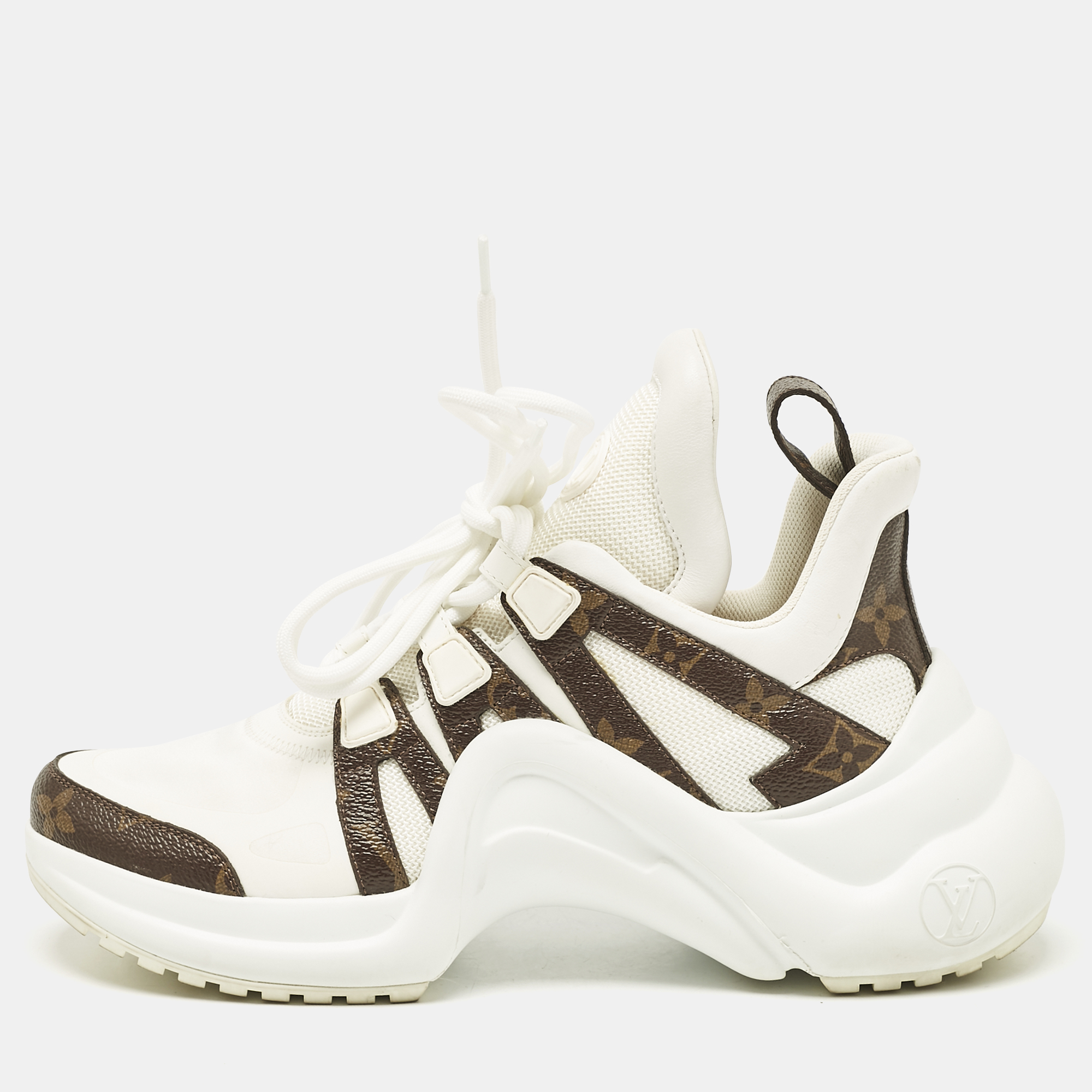 

Louis Vuitton White/Brown Leather and Monogram Canvas Archlight Sneakers Size