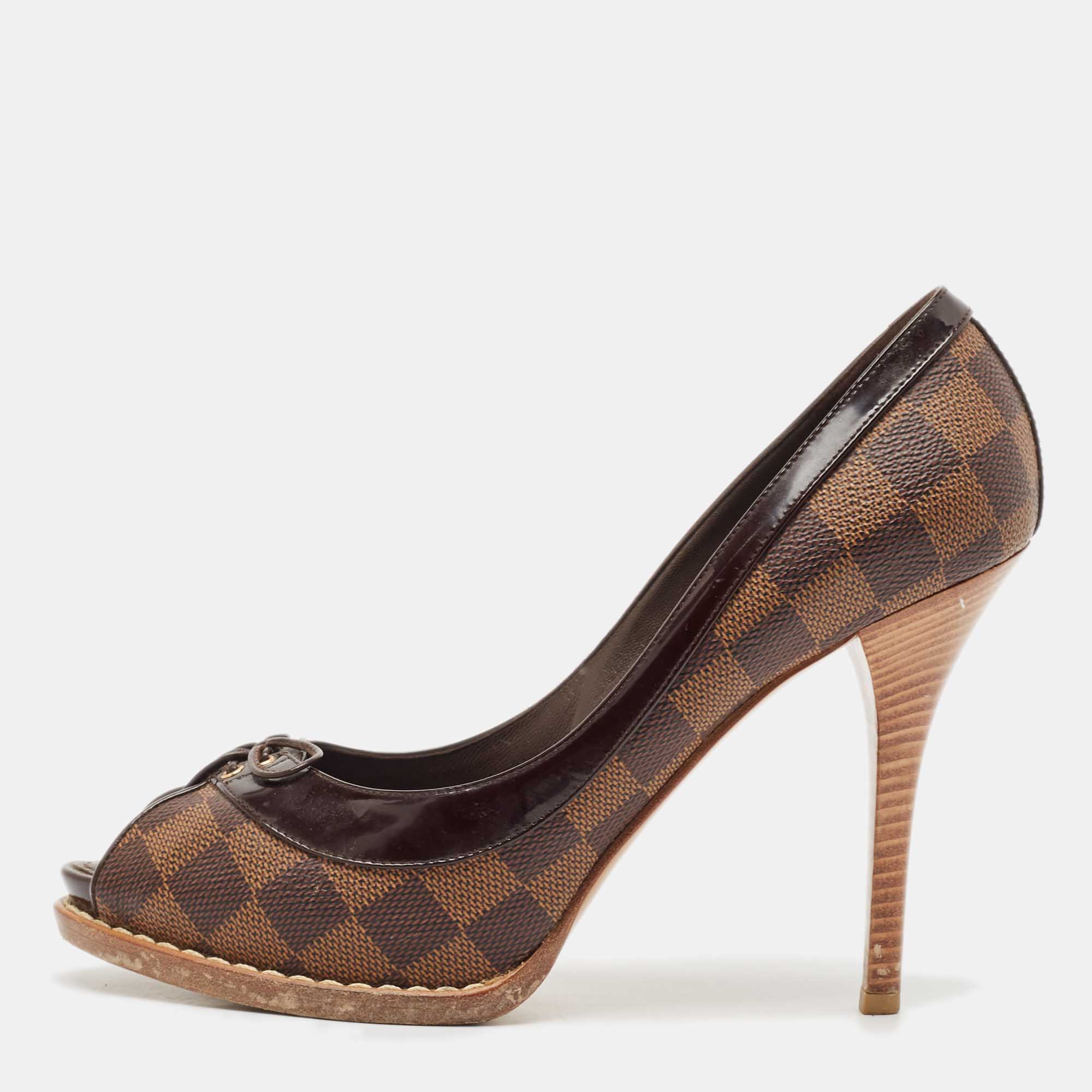 

Louis Vuitton Brown Damier Ebene Canvas Palm Beach Peep Toe Pumps Size