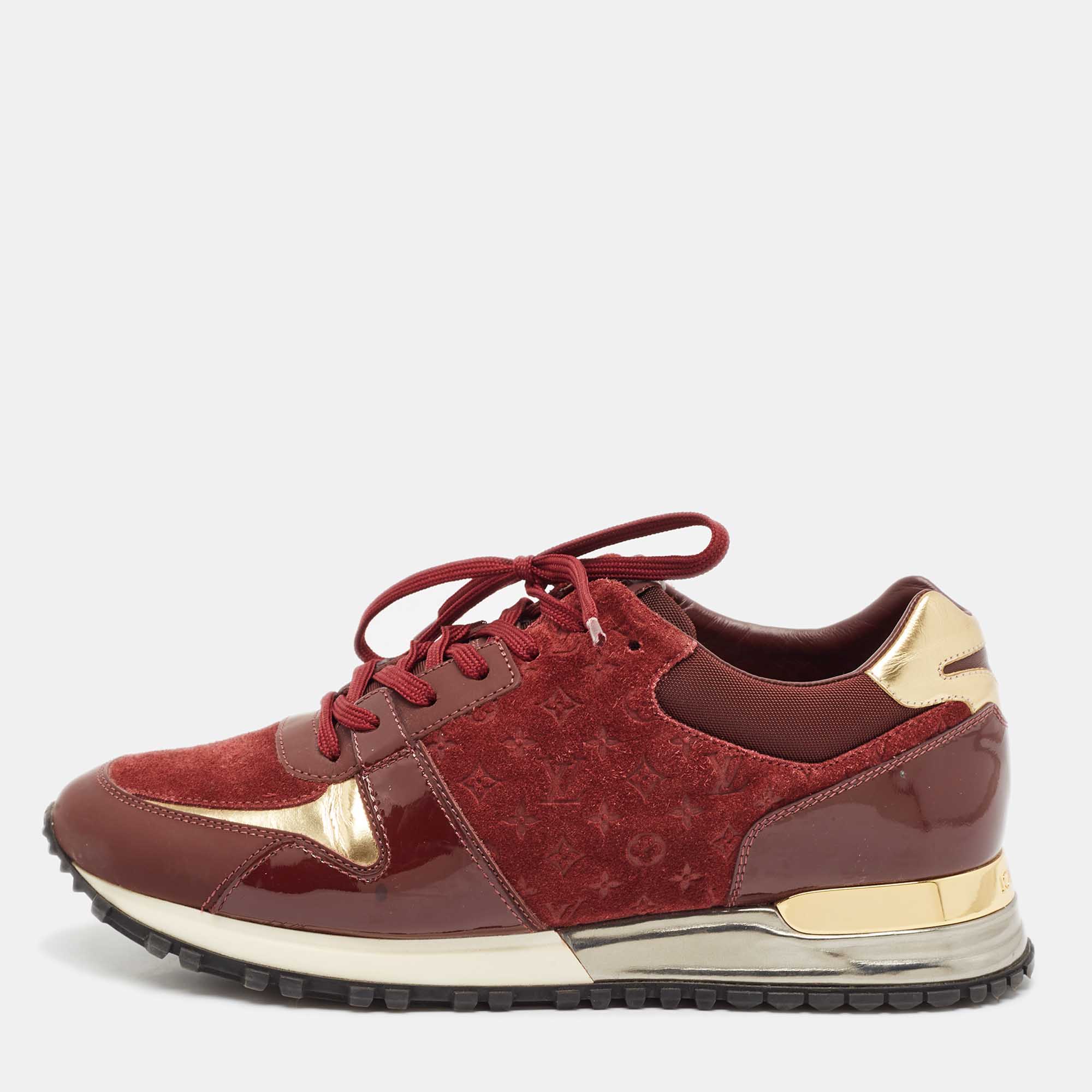 

Louis Vuitton Burgundy Monogram Suede, Patent and Leather Run Away Lace Up Sneakers Size