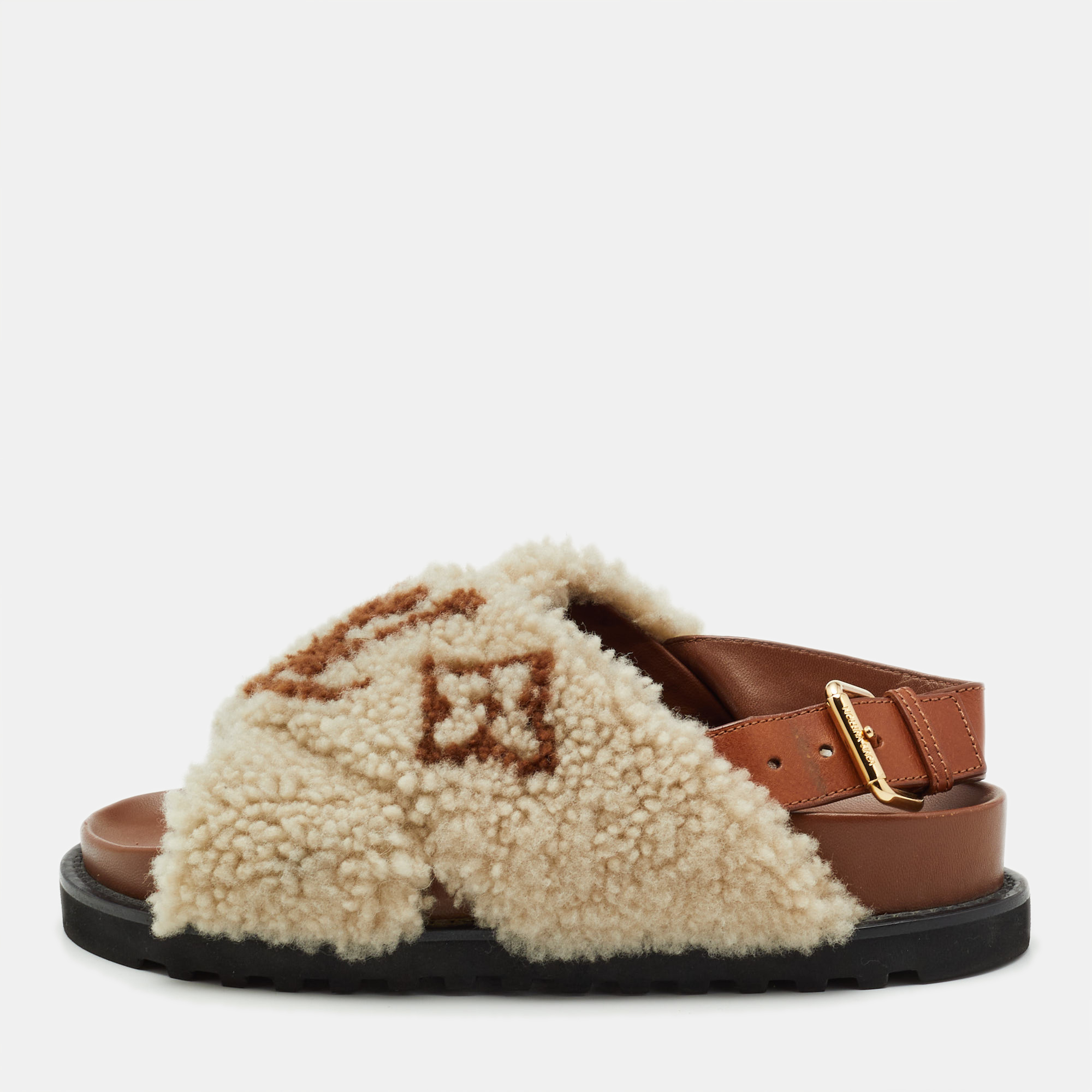 

Louis Vuitton White/Brown Shearling Fur and Leather Paseo Comfort Mules Size