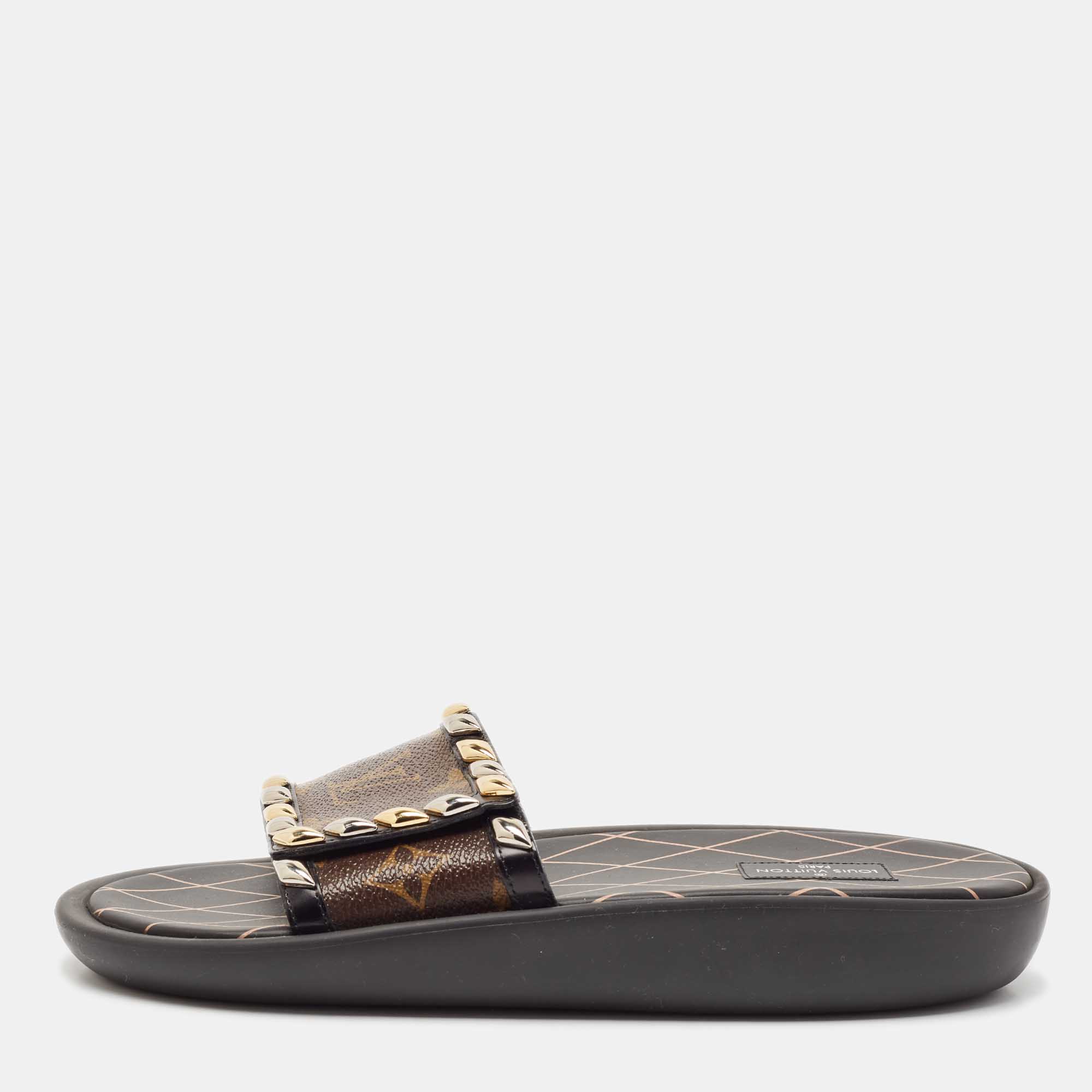 

Louis Vuitton Monogram Canvas and Studded Leather Eldorado Flat Slides Size, Brown