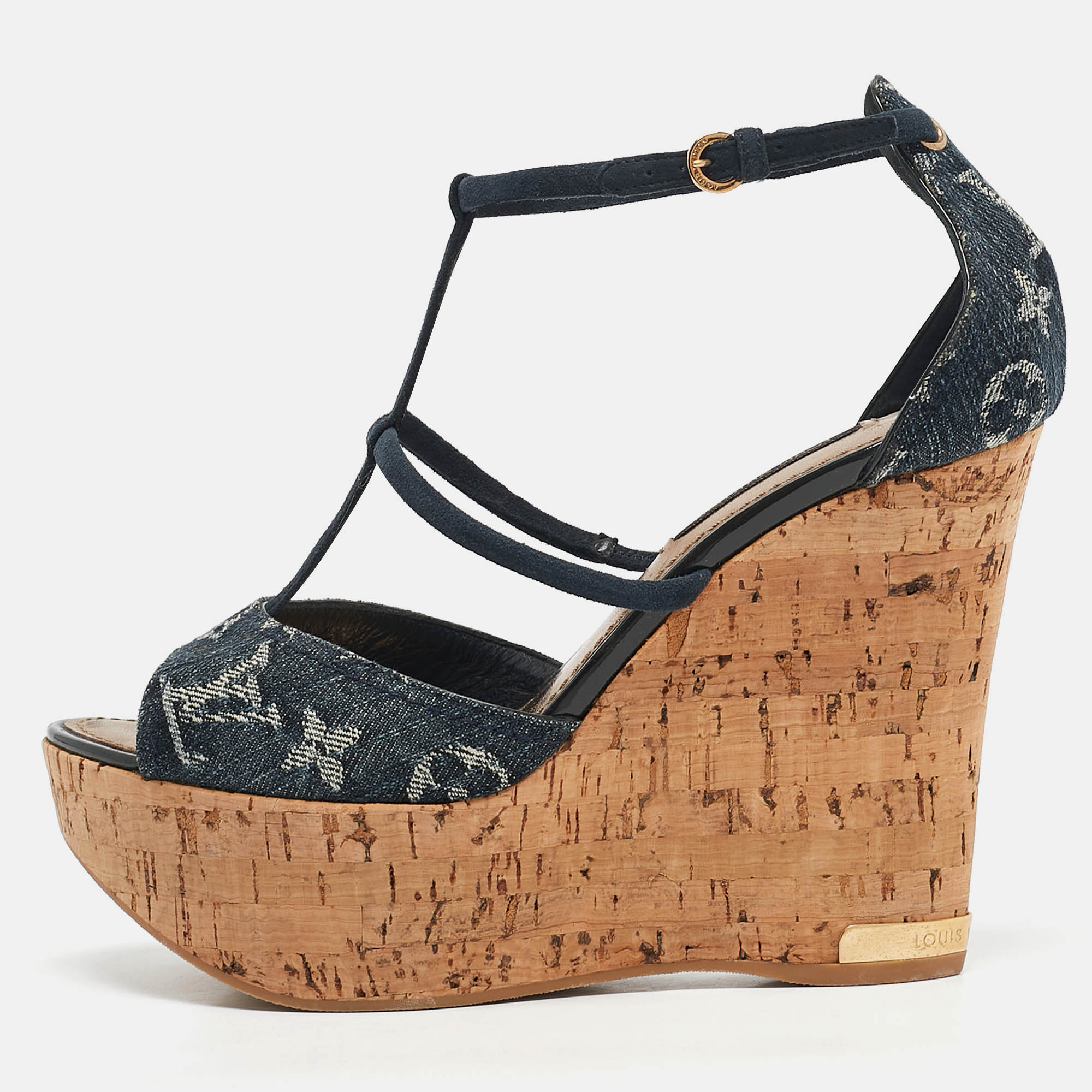 

Louis Vuitton Blue Denim and Suede Cork Wedge Sandals Size