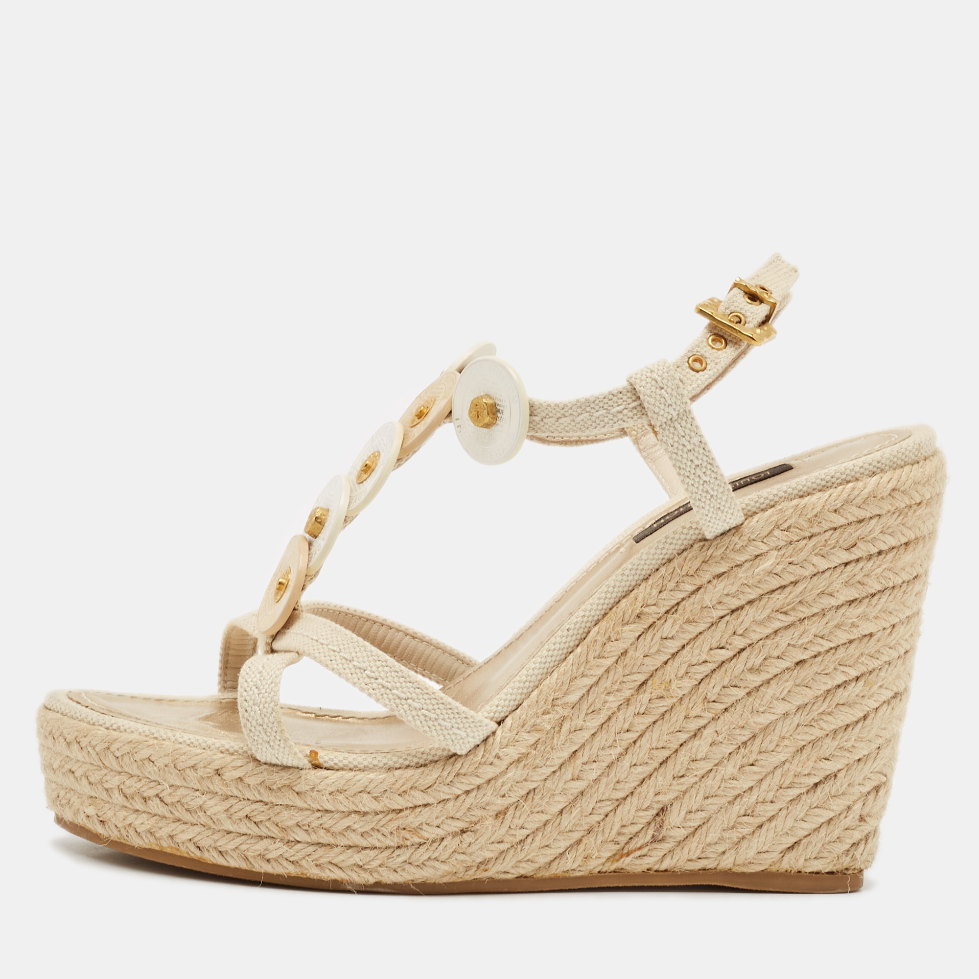 

Louis Vuitton Cream Canvas Embellished Wedge Sandals Size