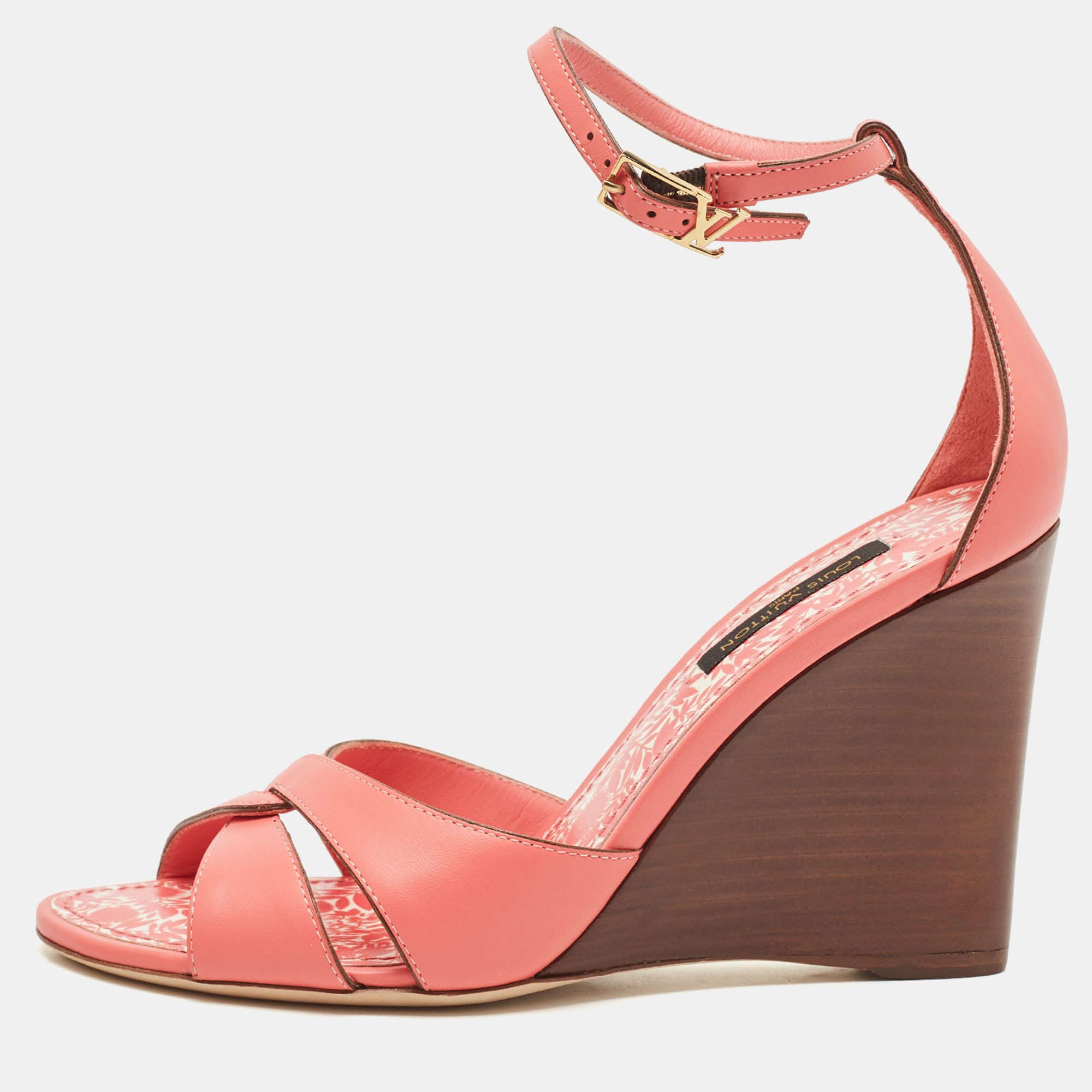 

Louis Vuitton Pink Leather Ankle Strap Wedge Sandals Size