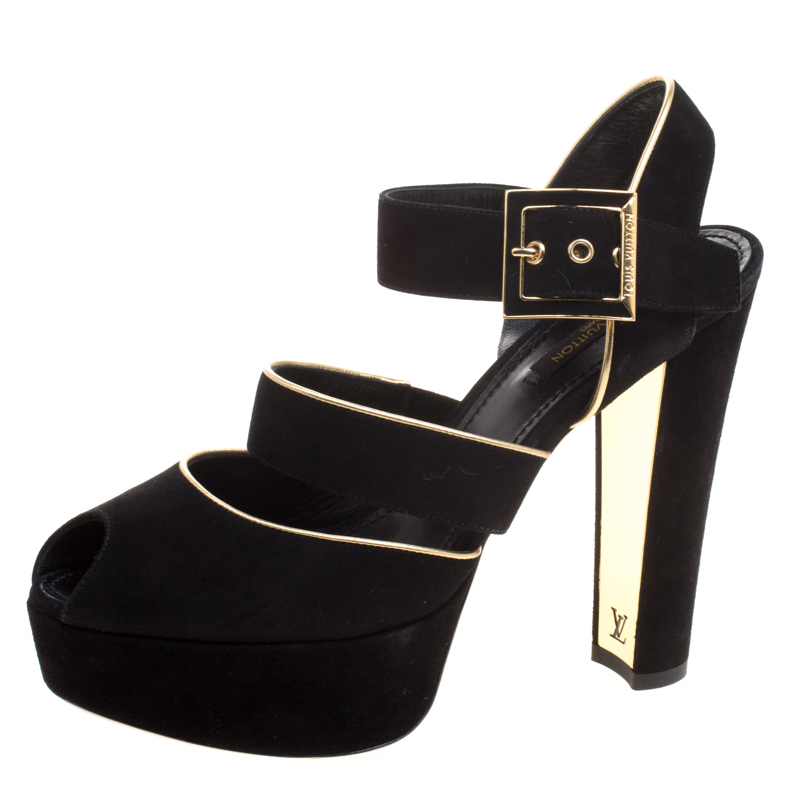 مملوكة مسبقًا صندل لوي فيتون نعل سميك مقدمة مفتوحة مواني سويدي أسود مقاس 37.5