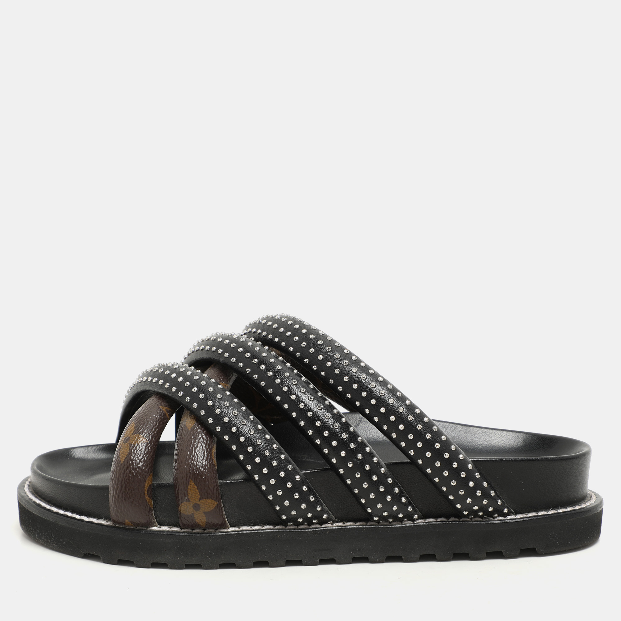 

Louis Vuitton Black Monogram Canvas and Leather Slide Sandals Size 37