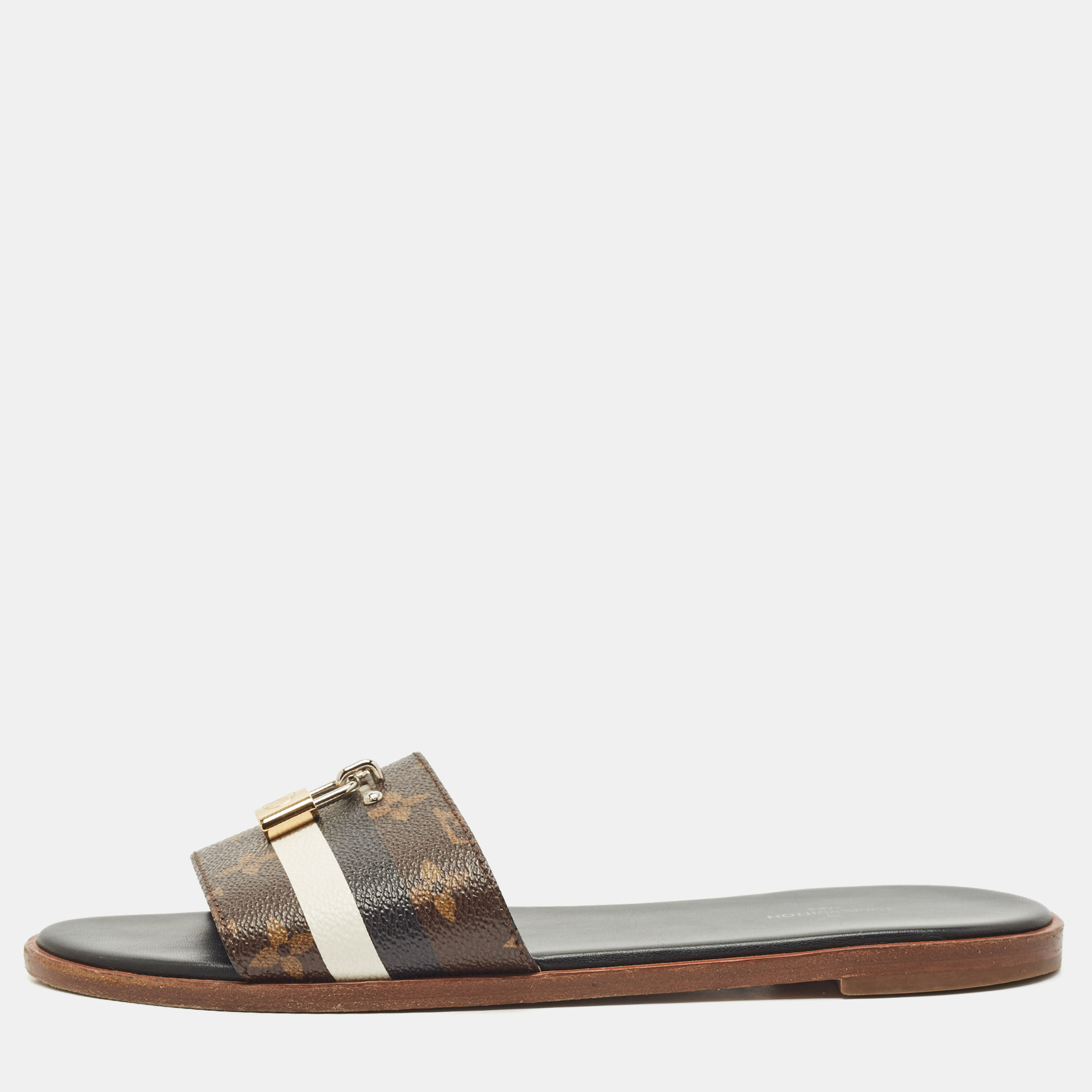 

Louis Vuitton Black/Brown Monogram Canvas Lock It Flat Slides Size