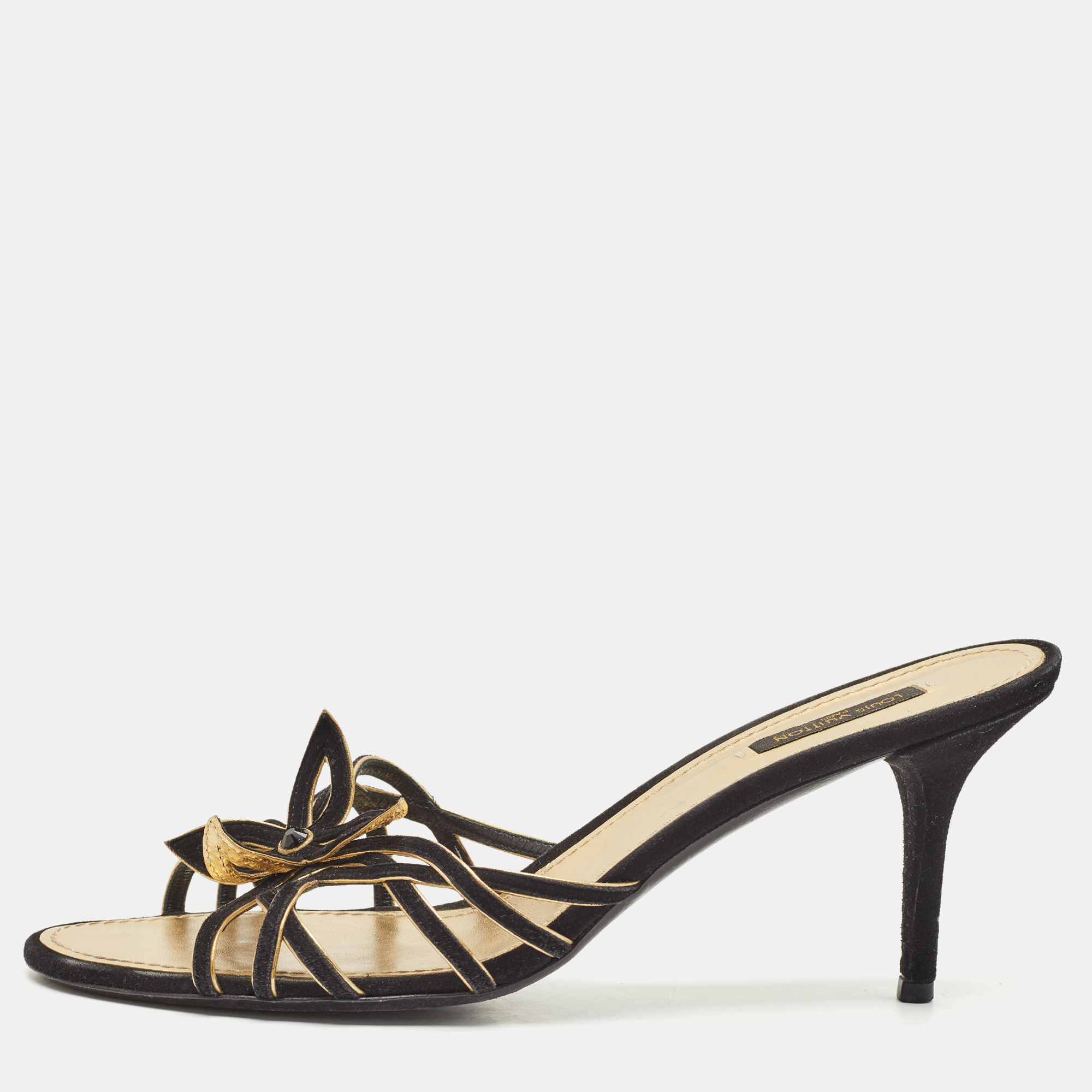 

Louis Vuitton Black/Gold Suede Cut Out Slide Sandals Size