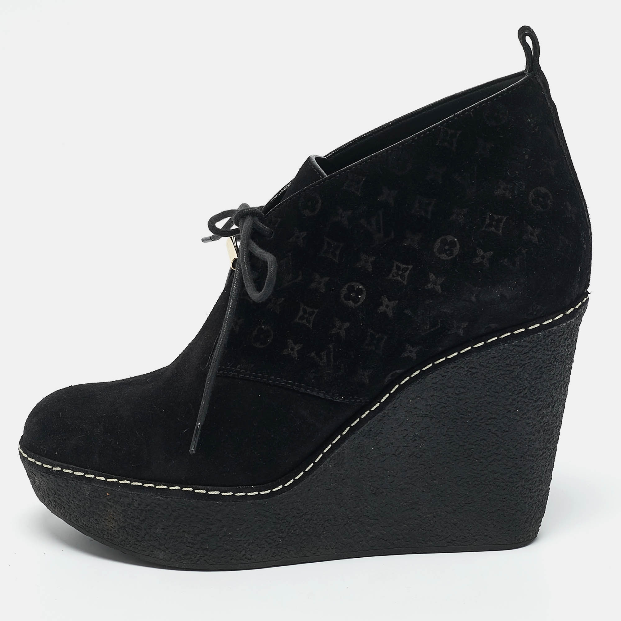 

Louis Vuitton Black Monogram Suede Wedge Ankle Boots Size