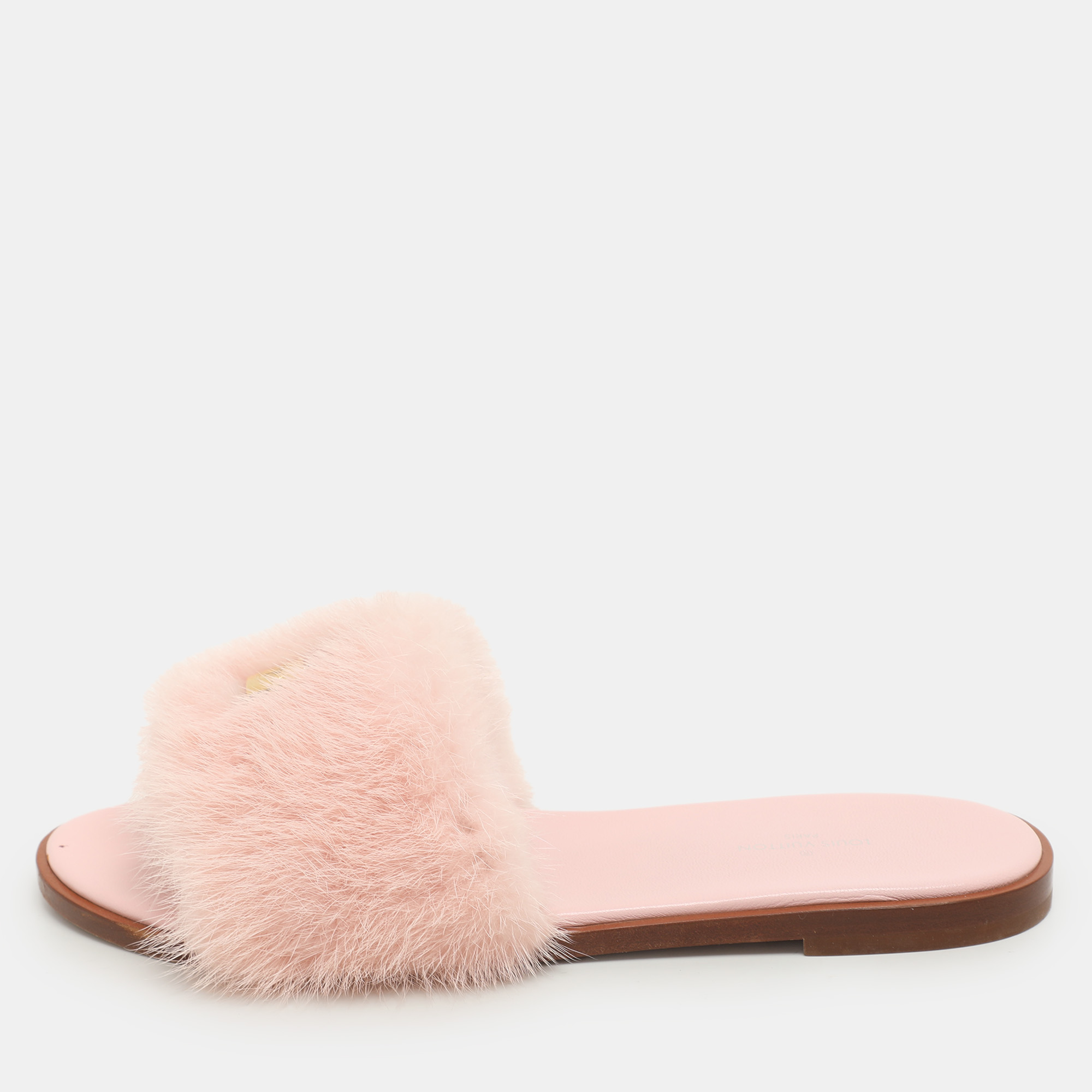 

Louis Vuitton Pink Mink Fur Lock It Flat Slides Size