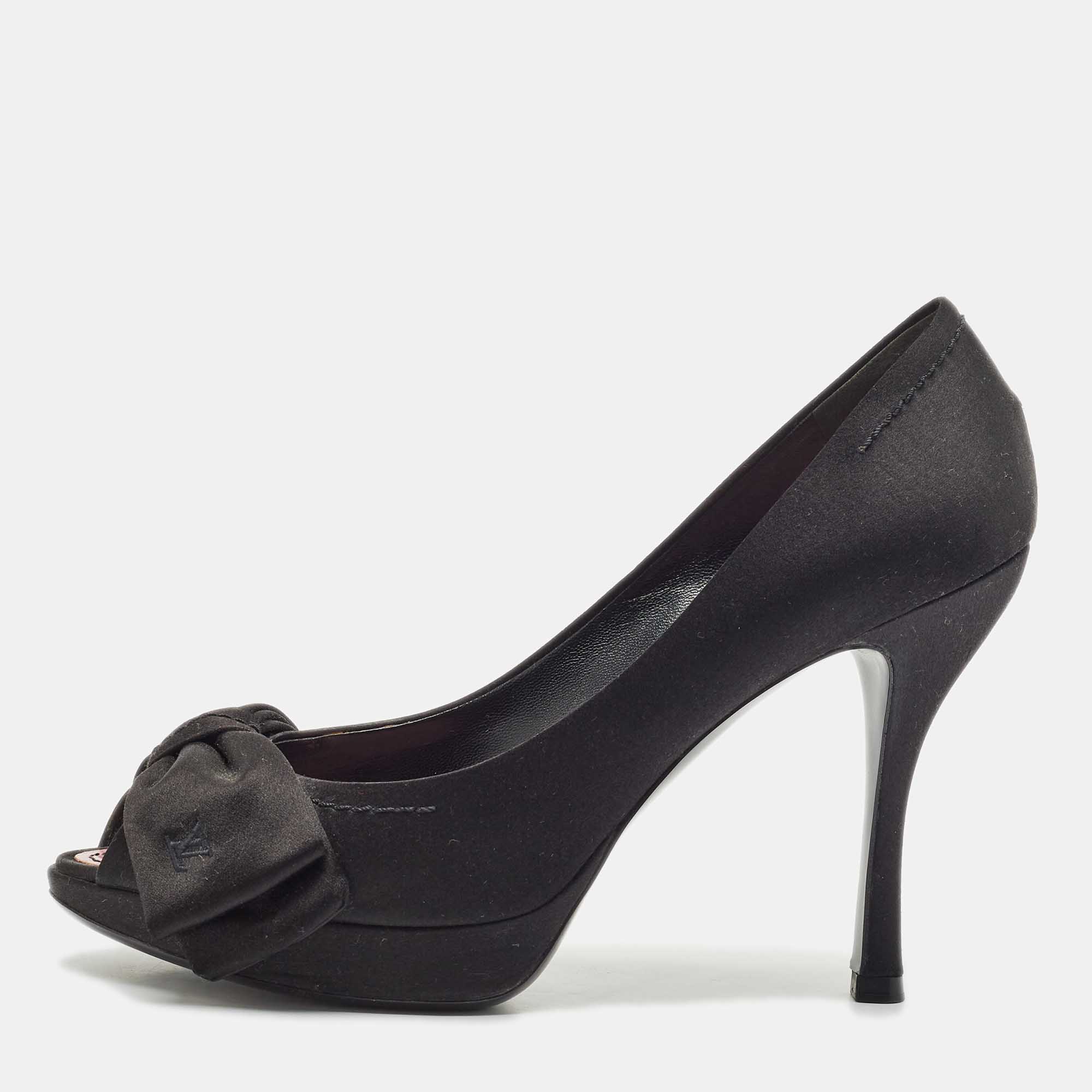 

Louis Vuitton Black Satin Bow Peep Toe Pumps Size