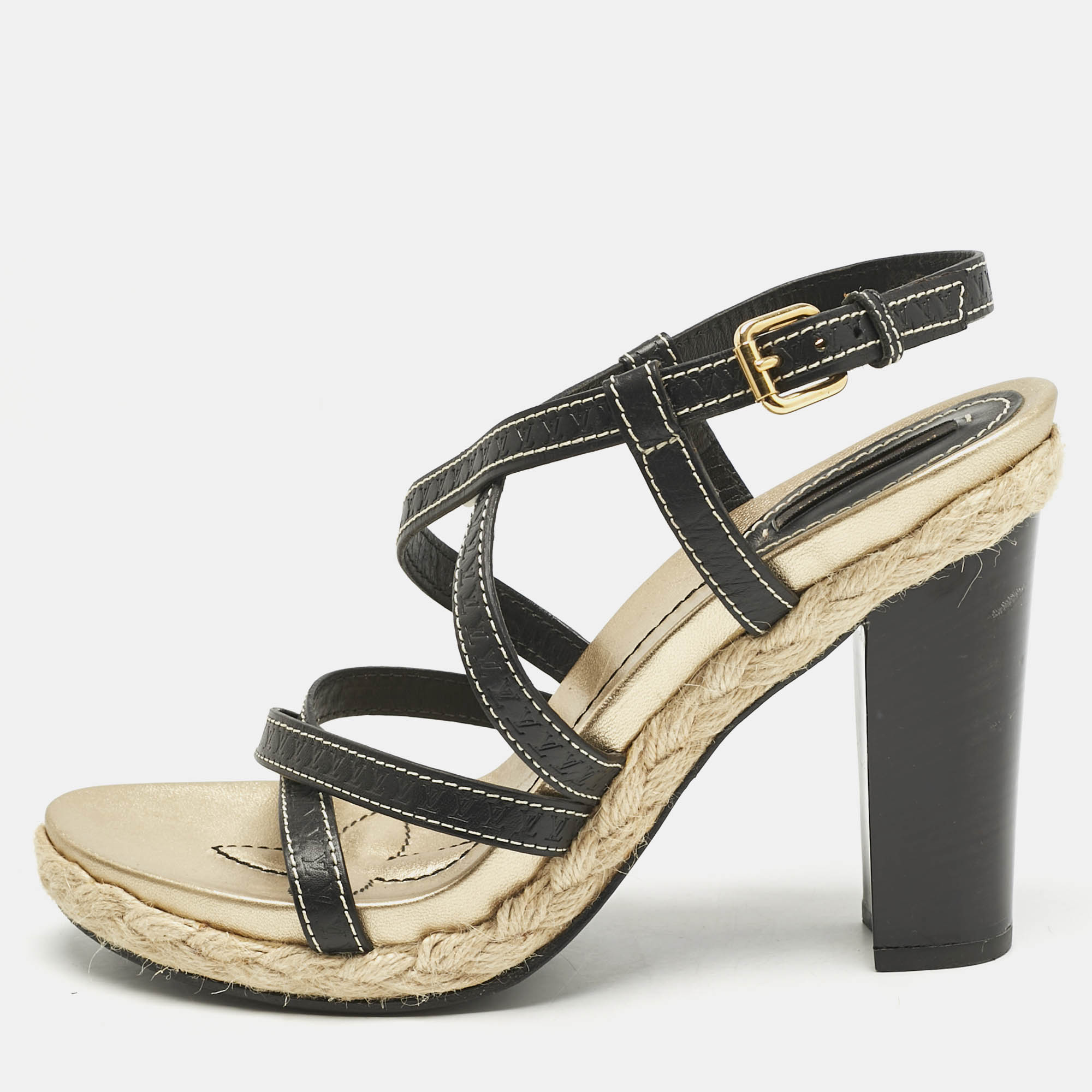 

Louis Vuitton Black Monogram Leather Ankle Strap Sandals Size