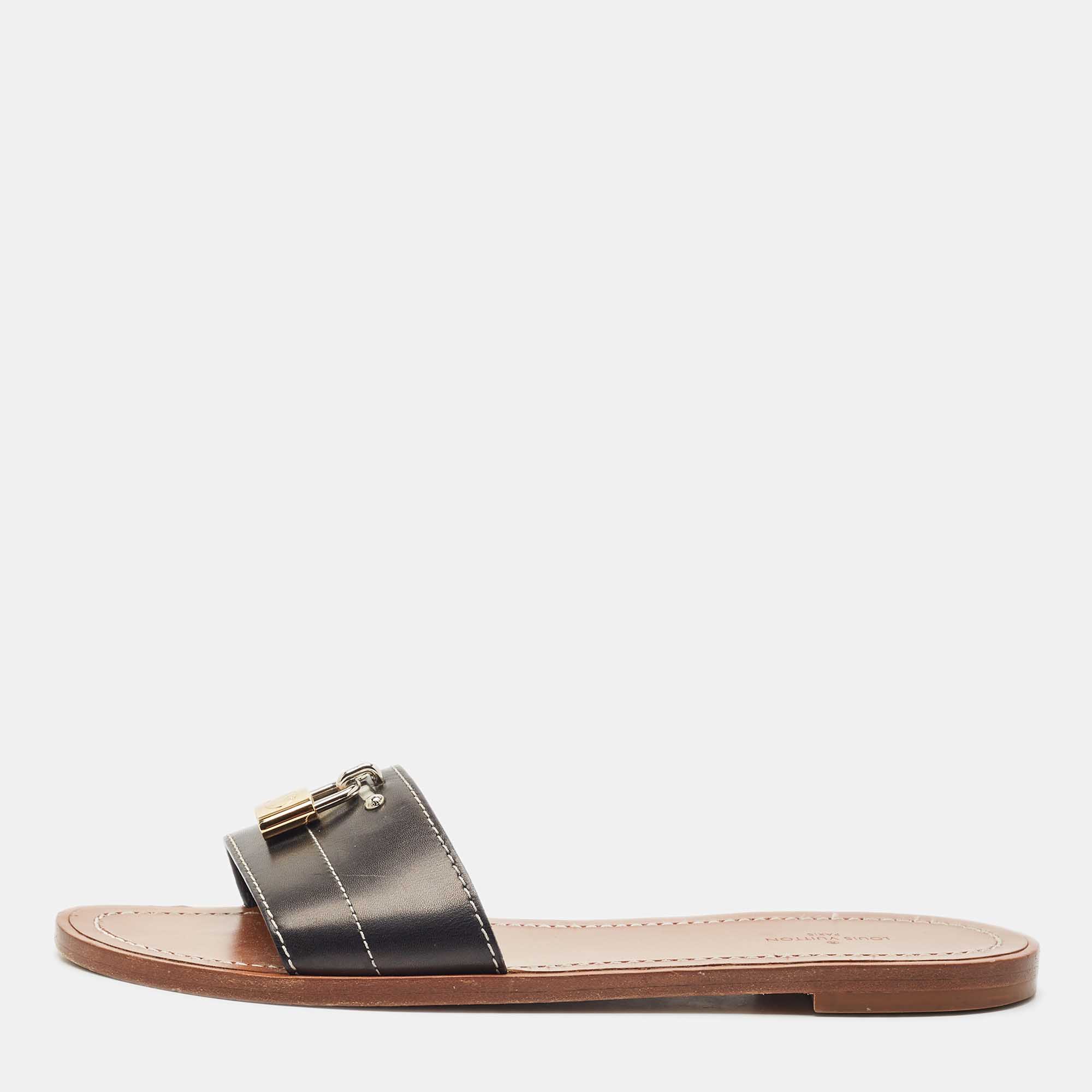 

Louis Vuitton Black Leather Lock It Flat Slide Sandals Size
