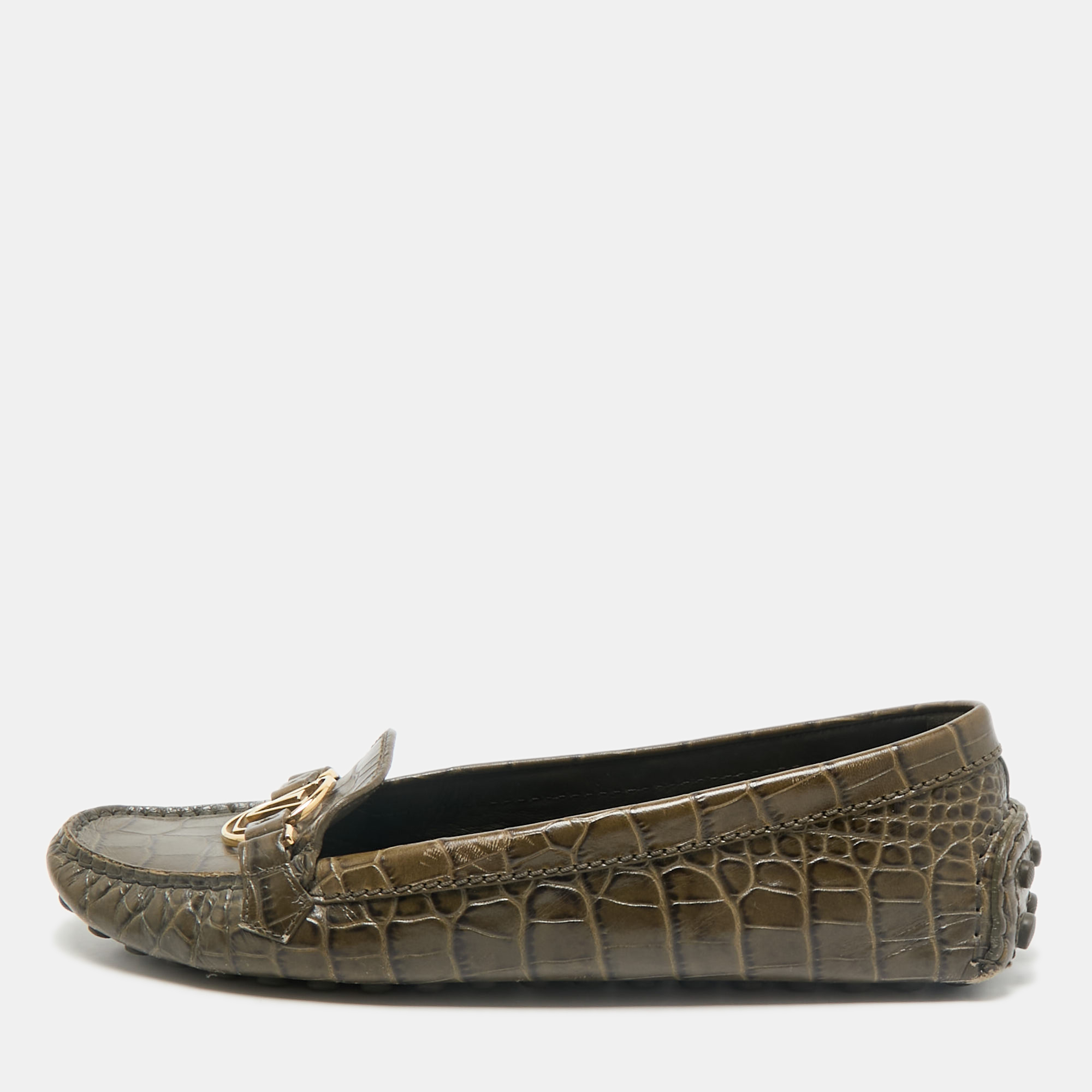 

Louis Vuitton Green Croc Embossed Leather Dauphine Loafers Size