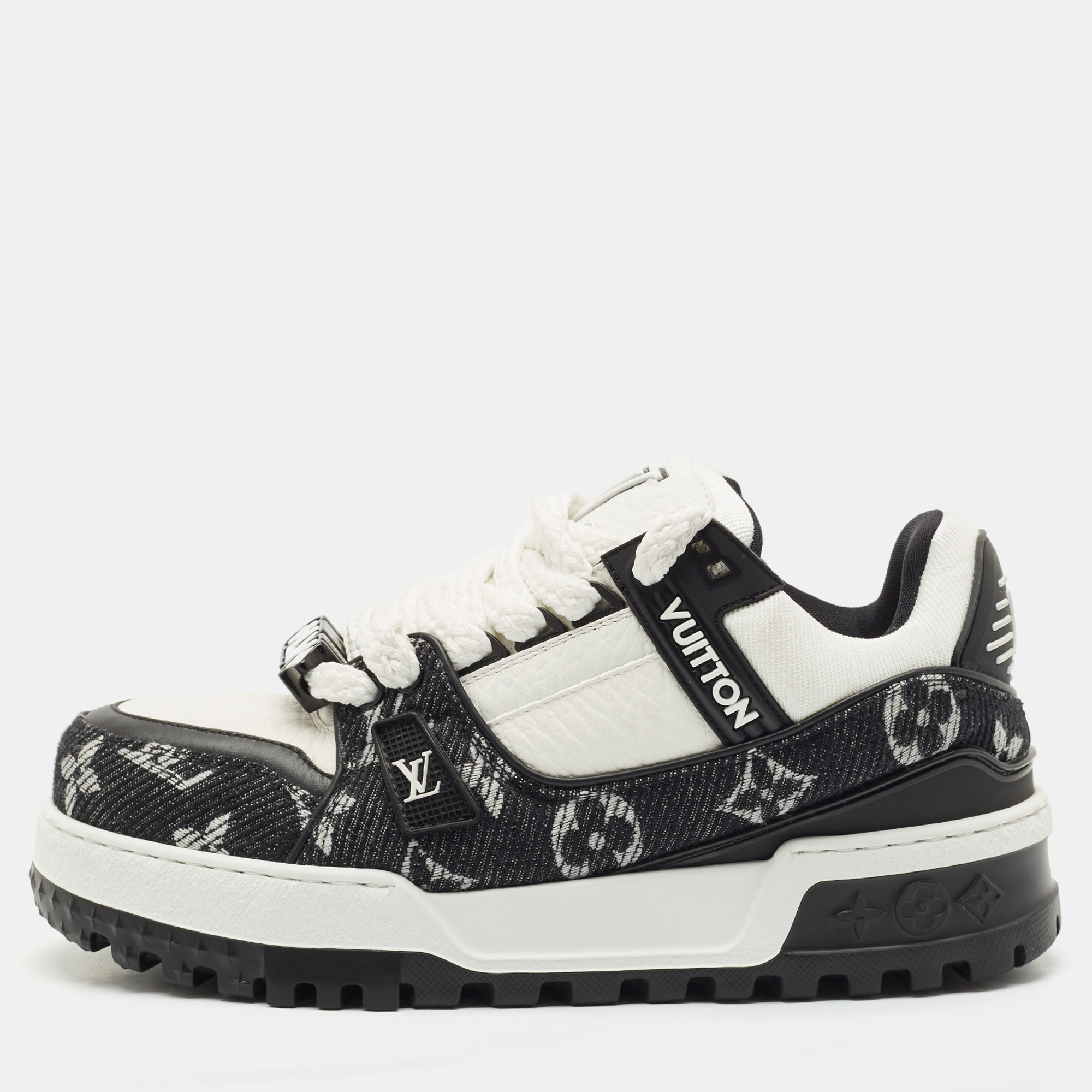 Pre-owned Louis Vuitton Black/white Monogram Denim And Leather Lv Trainer Maxi Sneakers Size 39