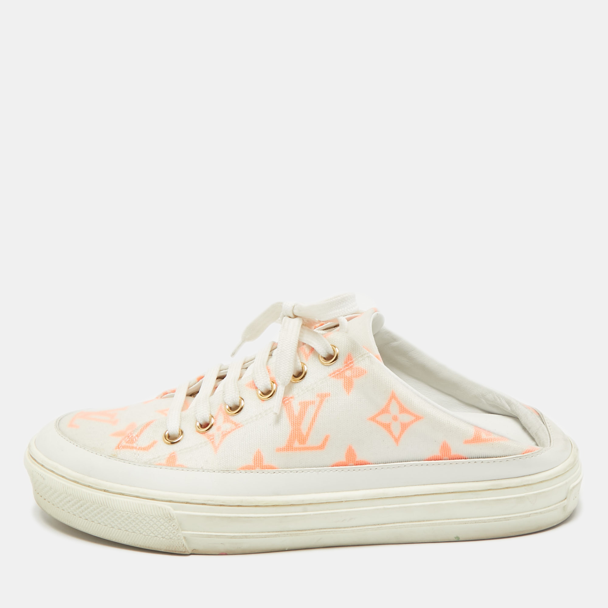 

Louis Vuitton White/Orange Mesh and Leather Stellar Sneaker Mules Size