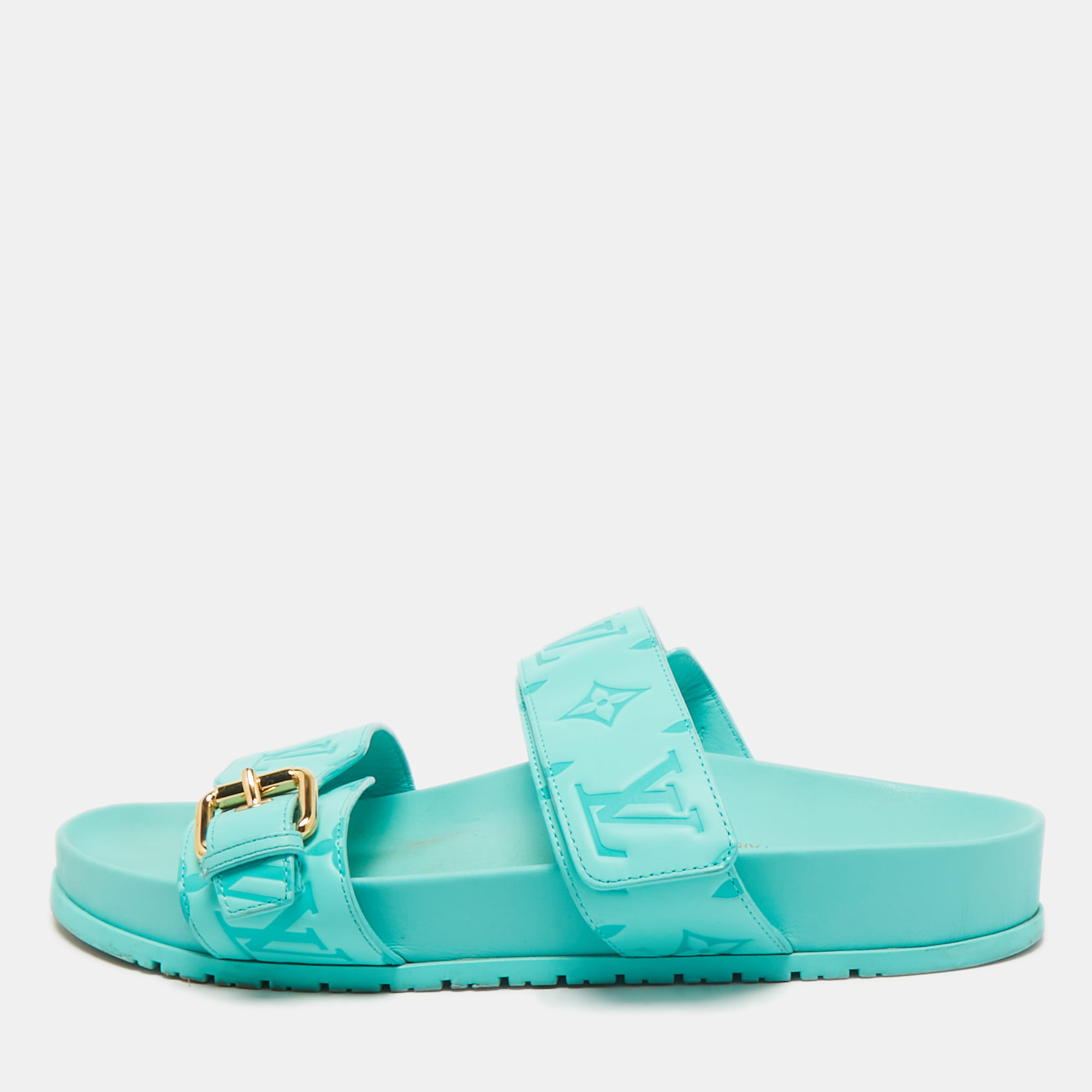

Louis Vuitton Blue Leather Bom Dia Flat Sandals Size