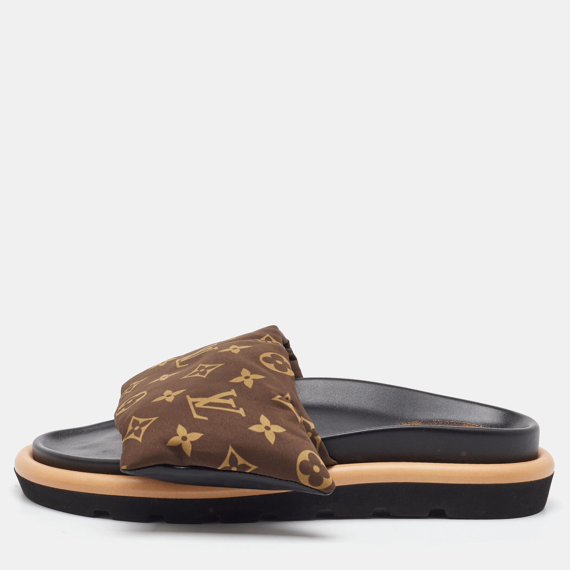 

Louis Vuitton Brown Monogram Nylon Pool Pillow Comfort Flat Slides Size