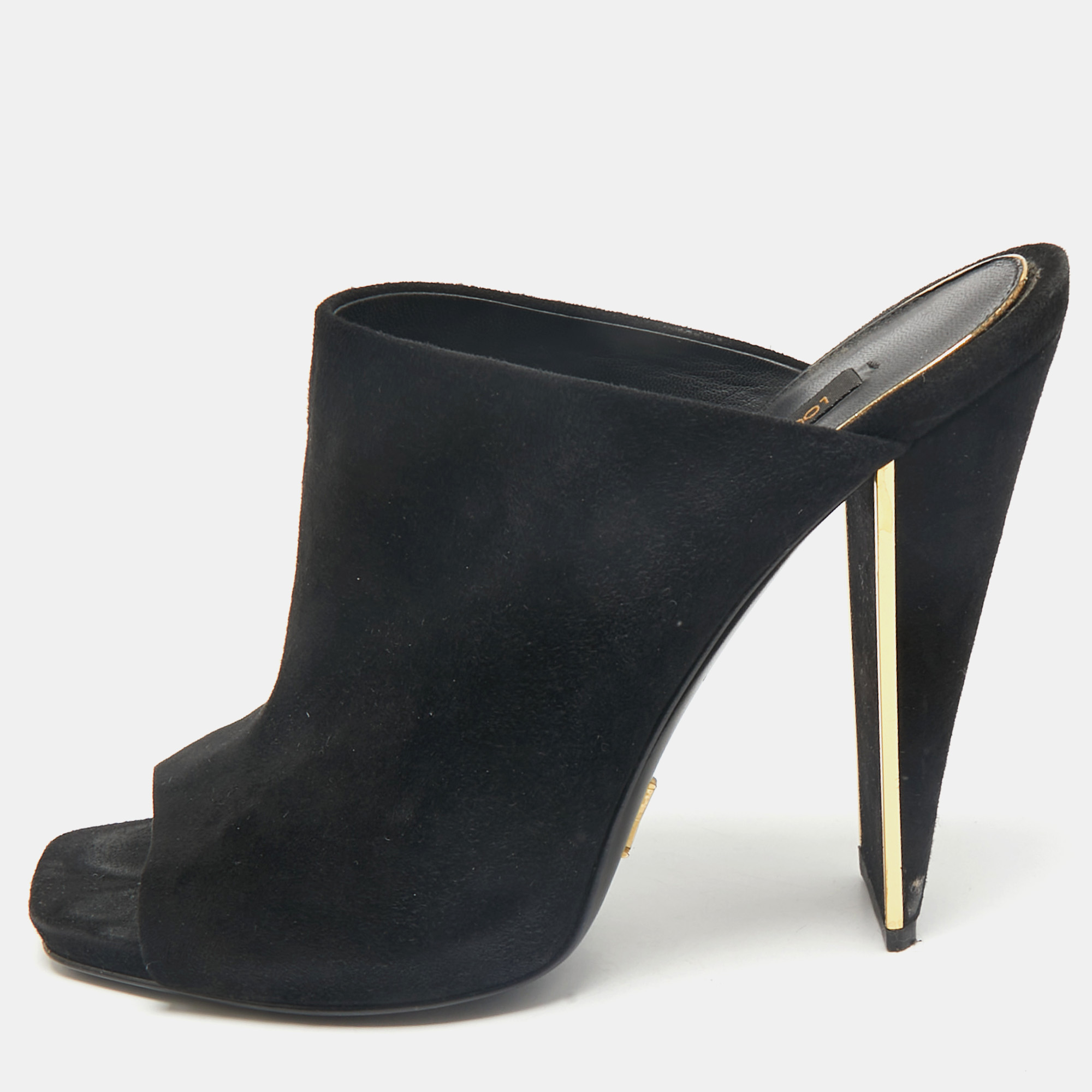 

Louis Vuitton Black Suede Block Heel Mules Size