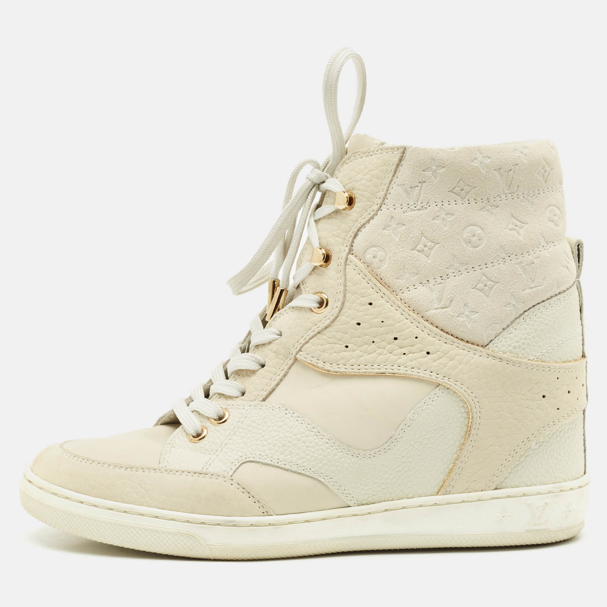 

Louis Vuitton Beige Monogram Suede and Leather Millennium Wedge Sneakers Size