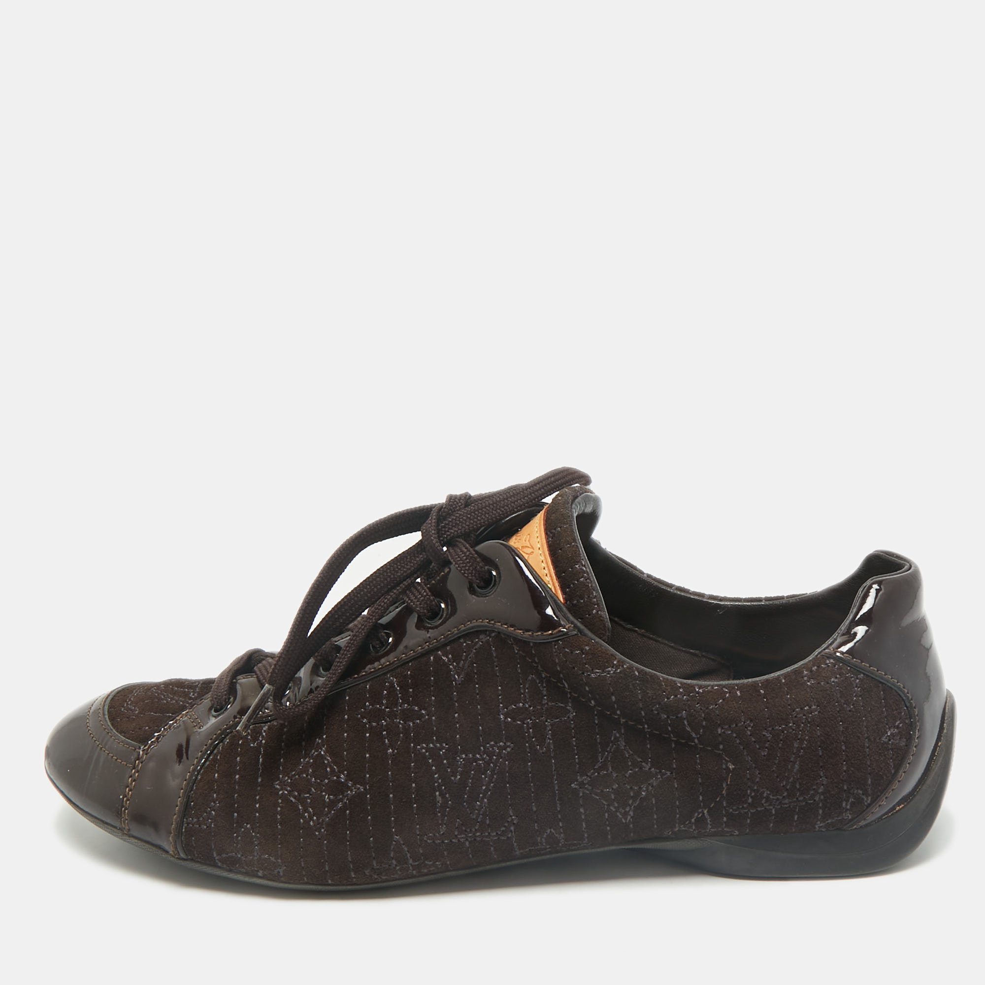 

Louis Vuitton Dark Brown Suede and Patent Leather Low Top Sneakers Size