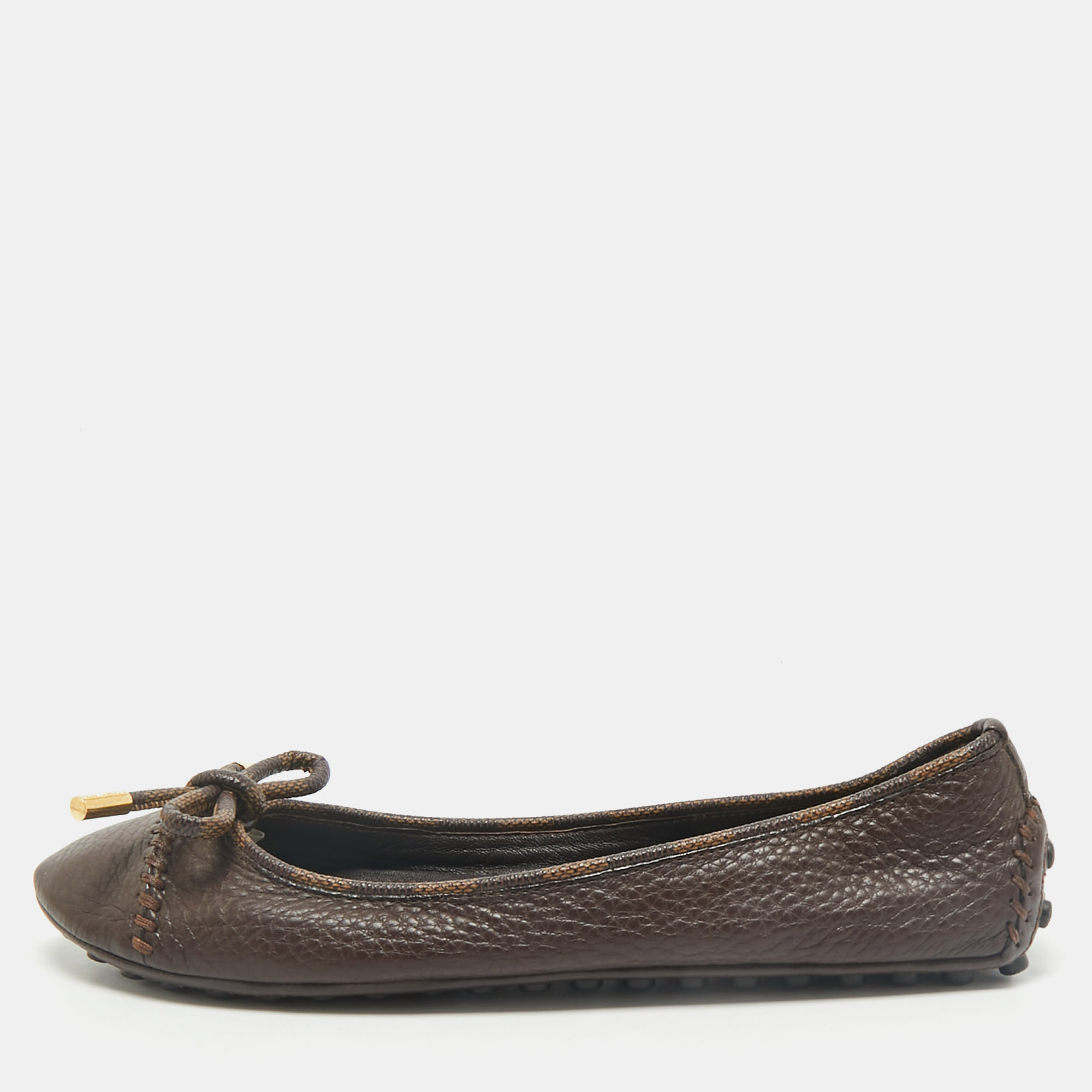 

Louis Vuitton Brown Leather And Damier Ebene Canvas Bow Ballet Flats Size