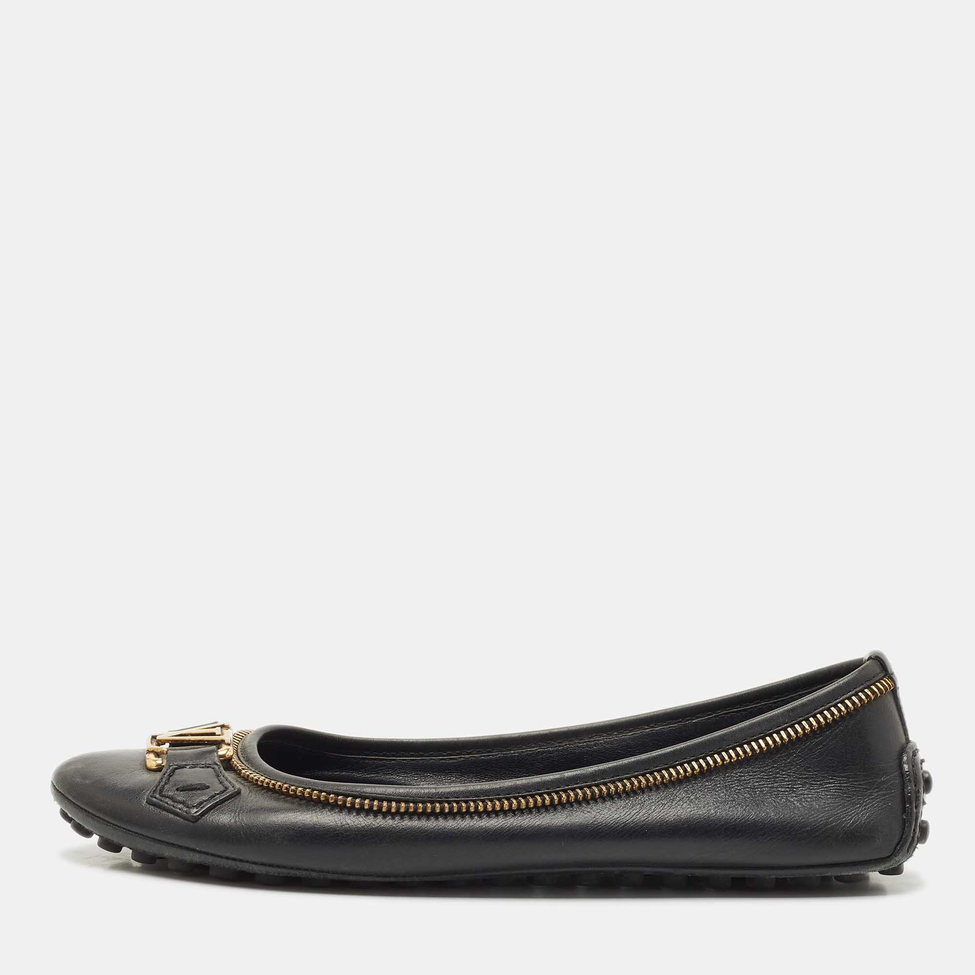 

Louis Vuitton Black Leather Zipper Trim Oxford Ballet Flats Size