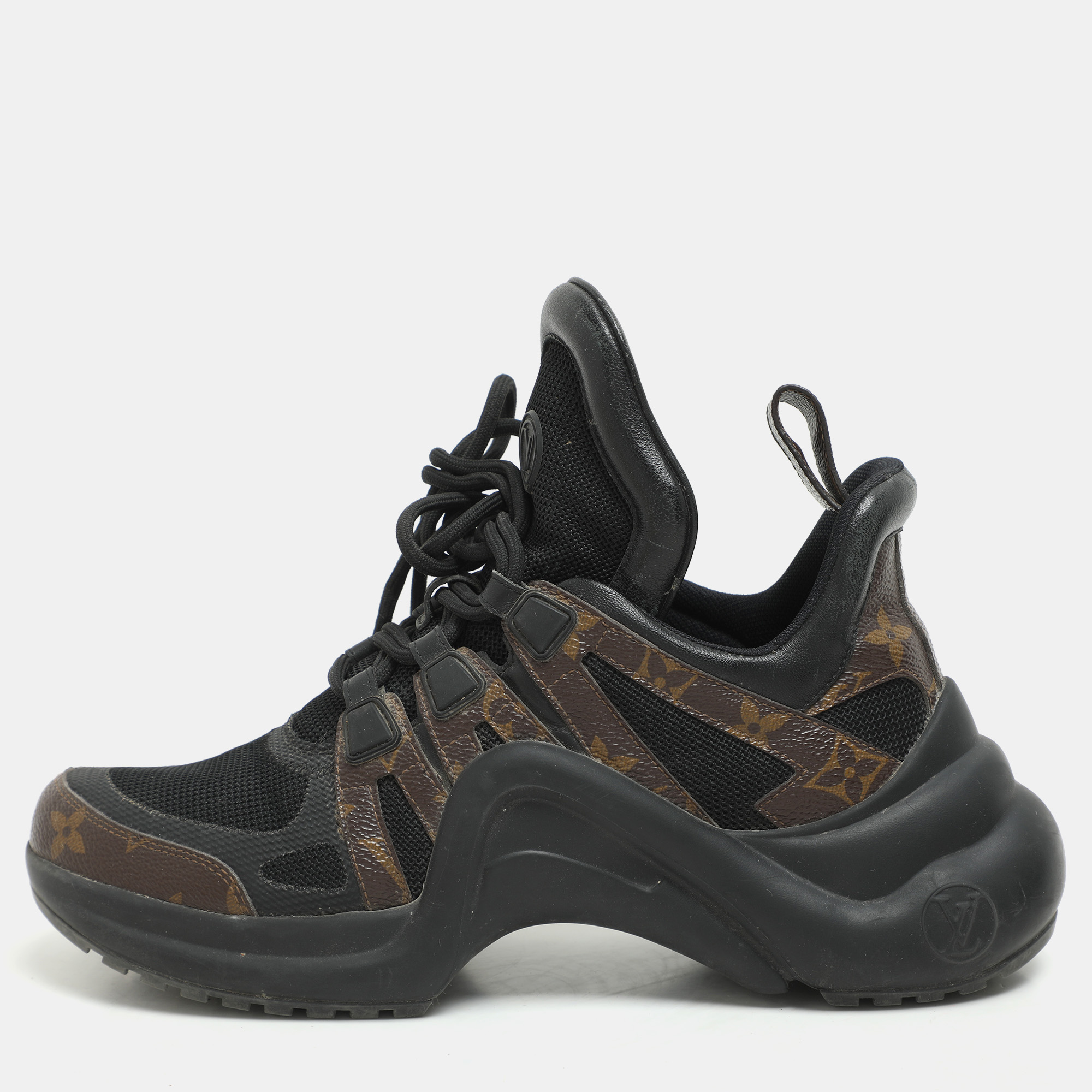 

Louis Vuitton Black/Brown Satin, Mesh, Leather and Monogram Canvas Archlight Low-Top Sneakers Size