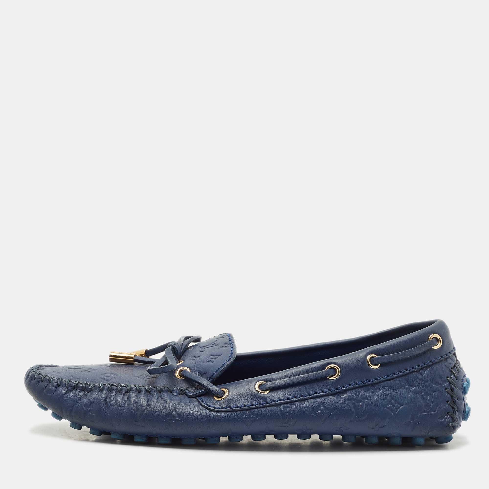 

Louis Vuitton Monogram Blue Leather Gloria Bow Slip On Loafers Size