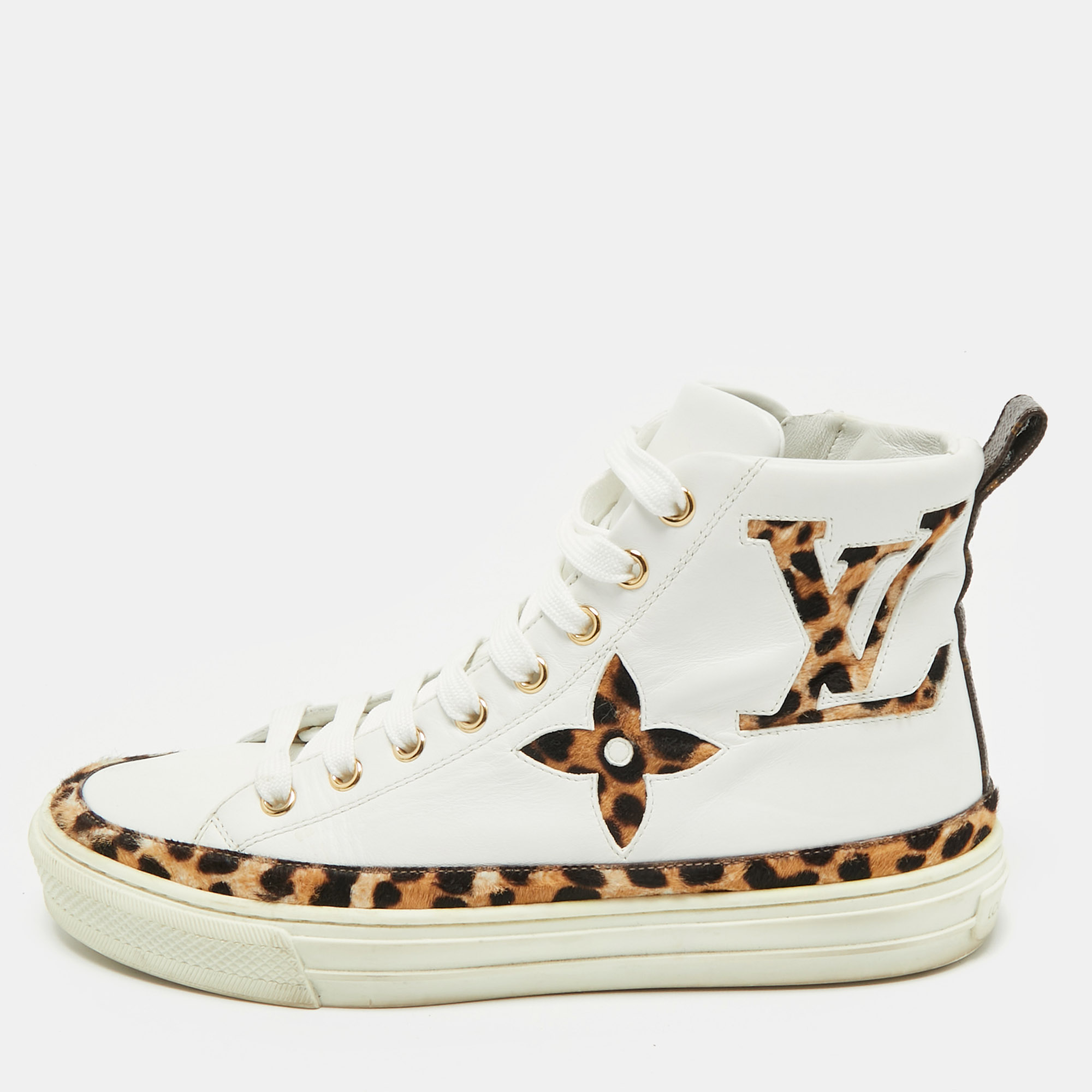 

Louis Vuitton White Calf Hair and Leather Stellar High Top Sneakers Size