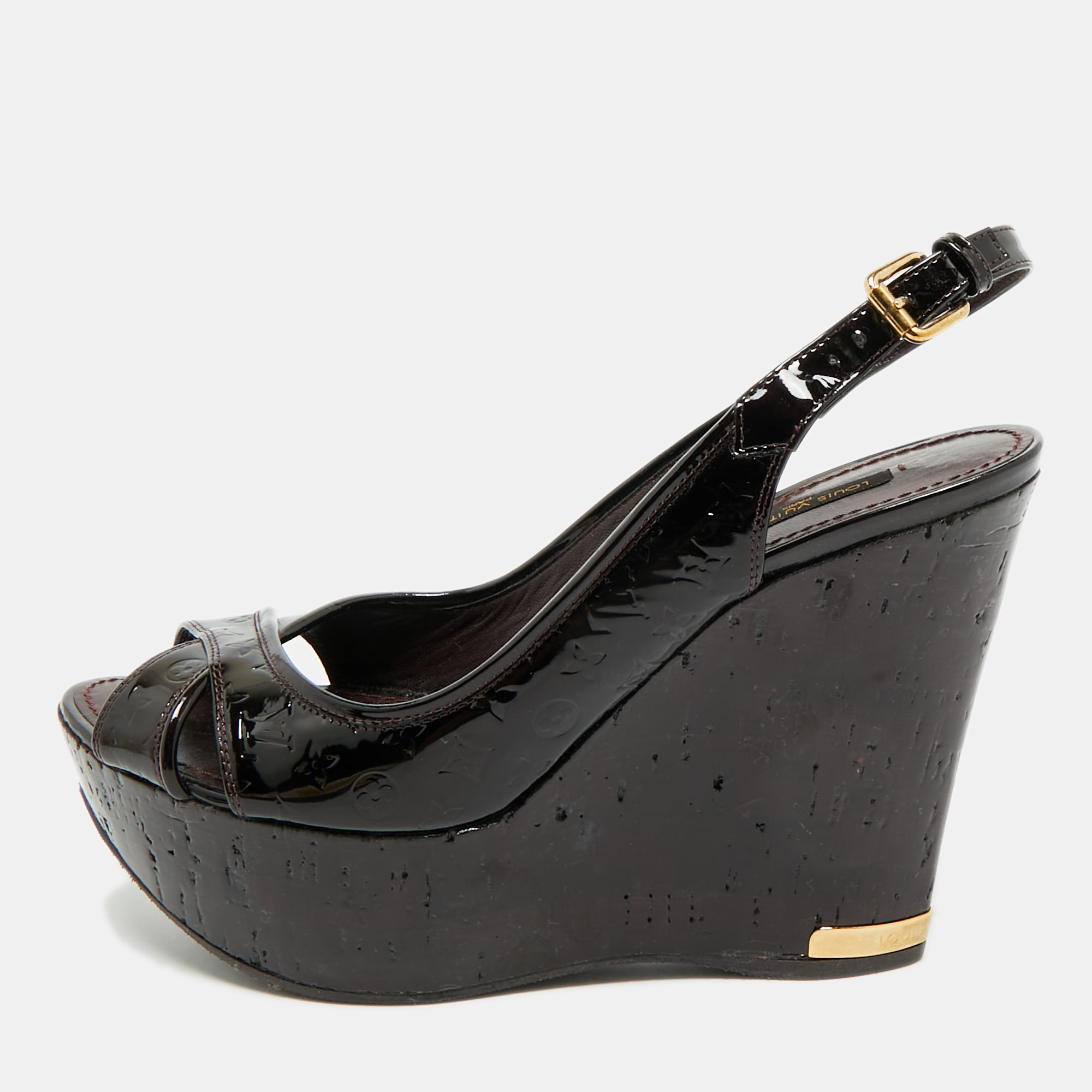

Louis Vuitton Burgundy Patent Leather Pantheon Wedge Sandals Size