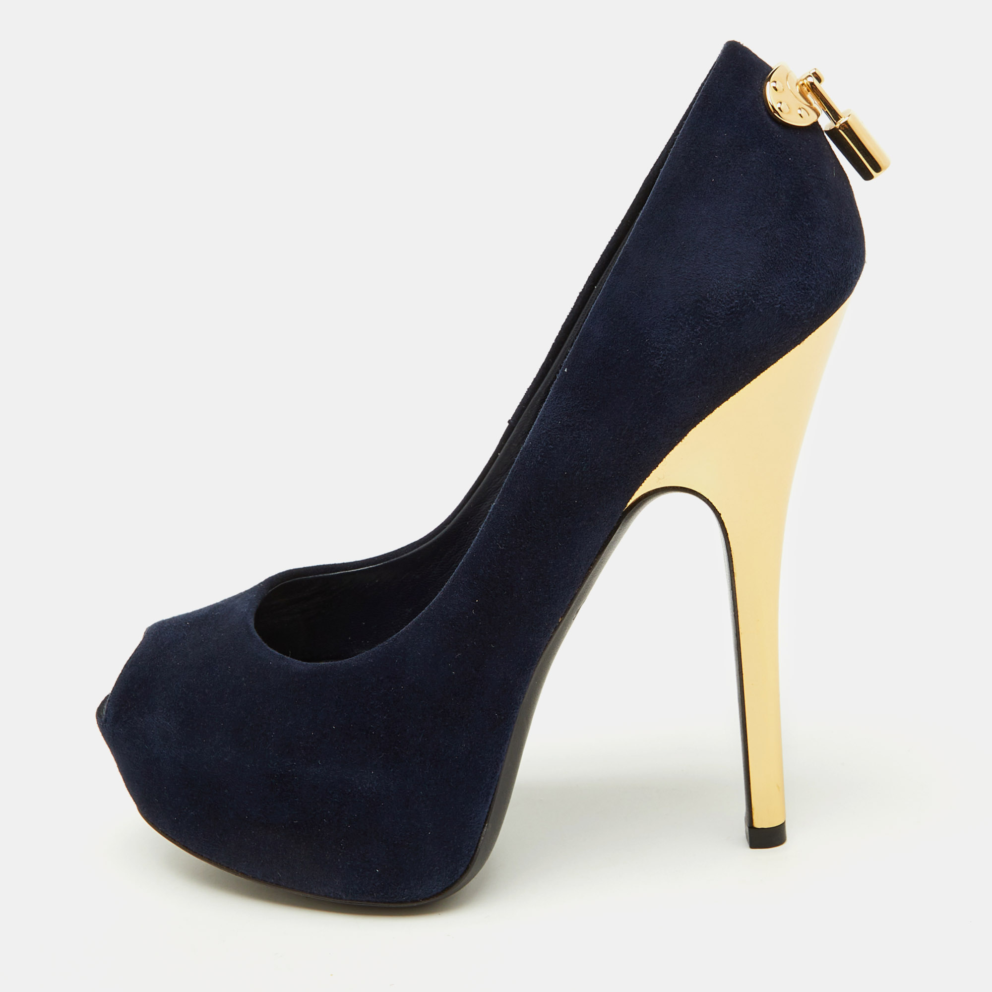 Pre-owned Louis Vuitton Navy Blue Suede Oh Really! Platform Peep Toe Pumps Size 36