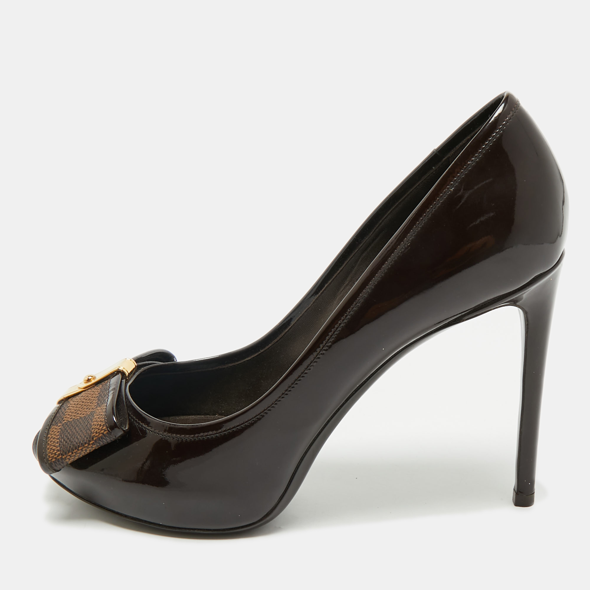 

Louis Vuitton Brown Patent Leather Valentine Peep Toe Pumps Size