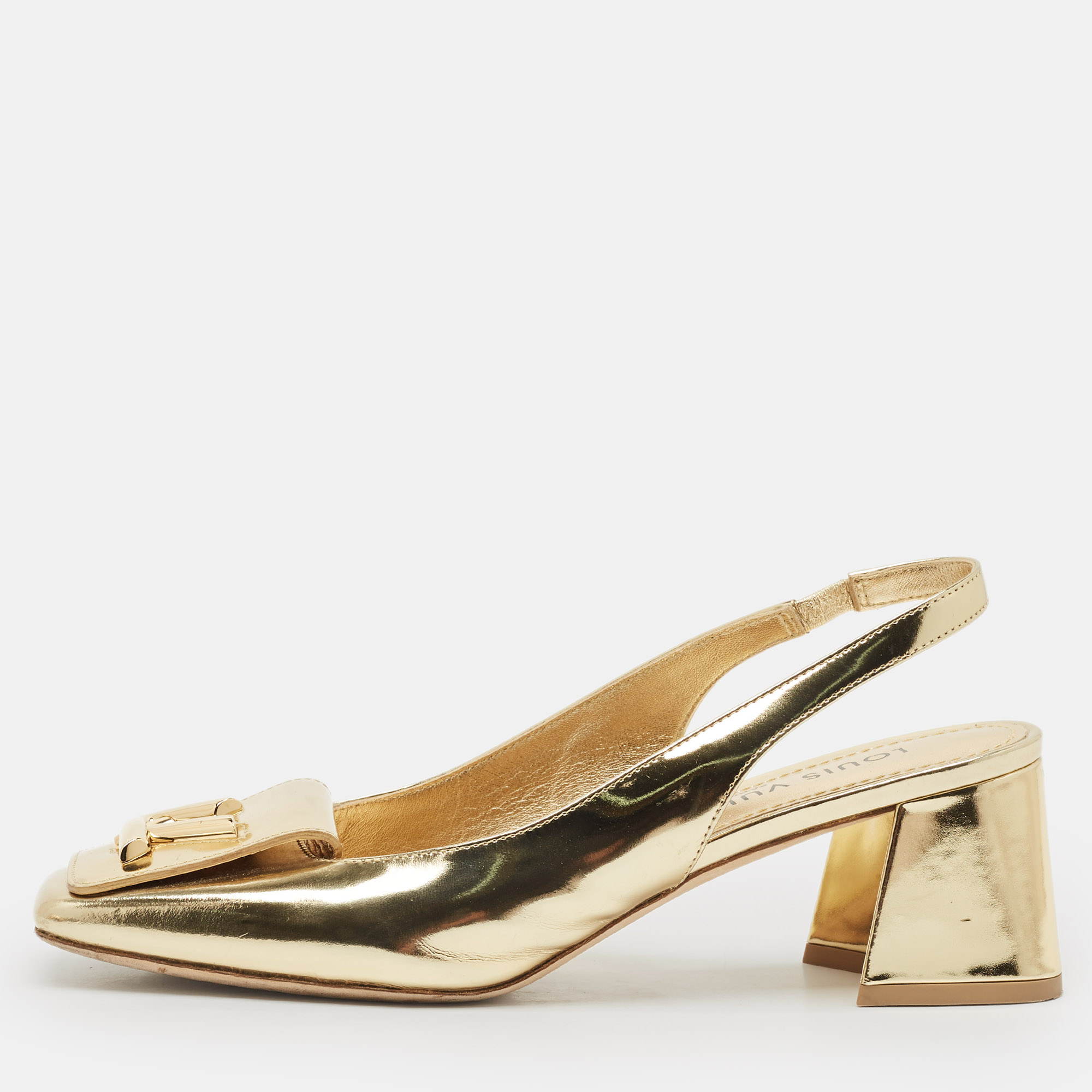 

Louis Vuitton Gold Leather Shake Slingback Pumps Size