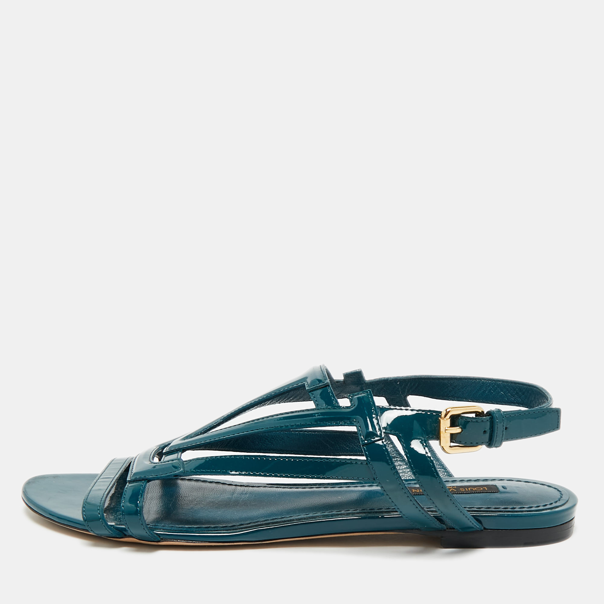 

Louis Vuitton Dark Green Patent Leather Crossing Logo Flat Sandals Size