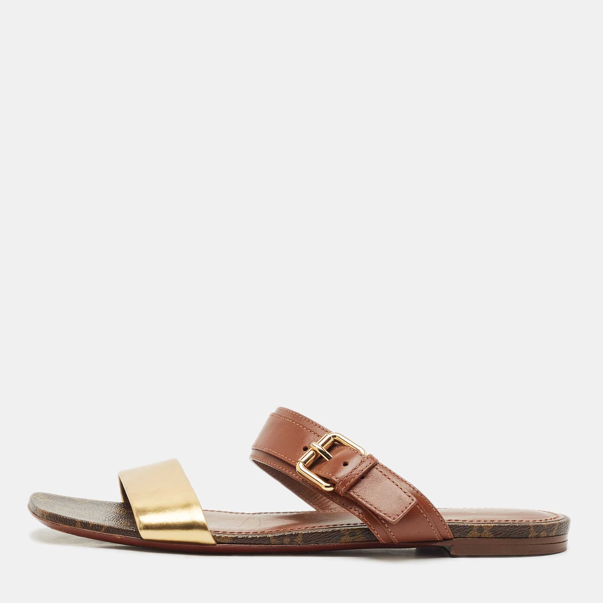 Pre-owned Louis Vuitton Brown/gold Leather And Monogram Canvas Buckle Flat Sandals Size 41