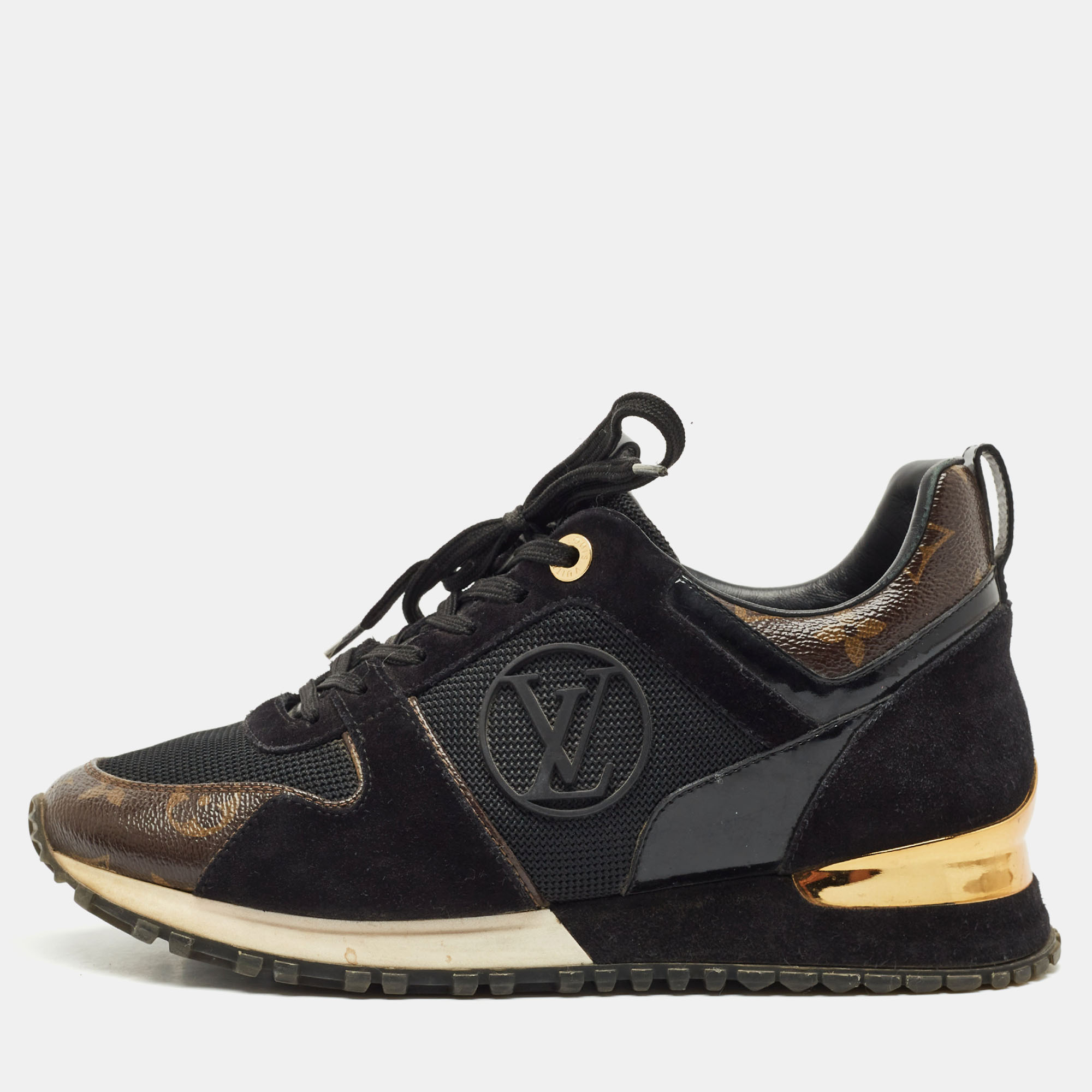 

Louis Vuitton Black/Brown Monogram Canvas and Suede Run Away Lace Up Sneakers Size