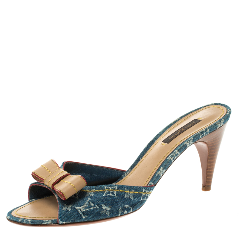 Pre Owned Louis Vuitton Blue Denim Monogram And Leather Bow Slides Size 38.5