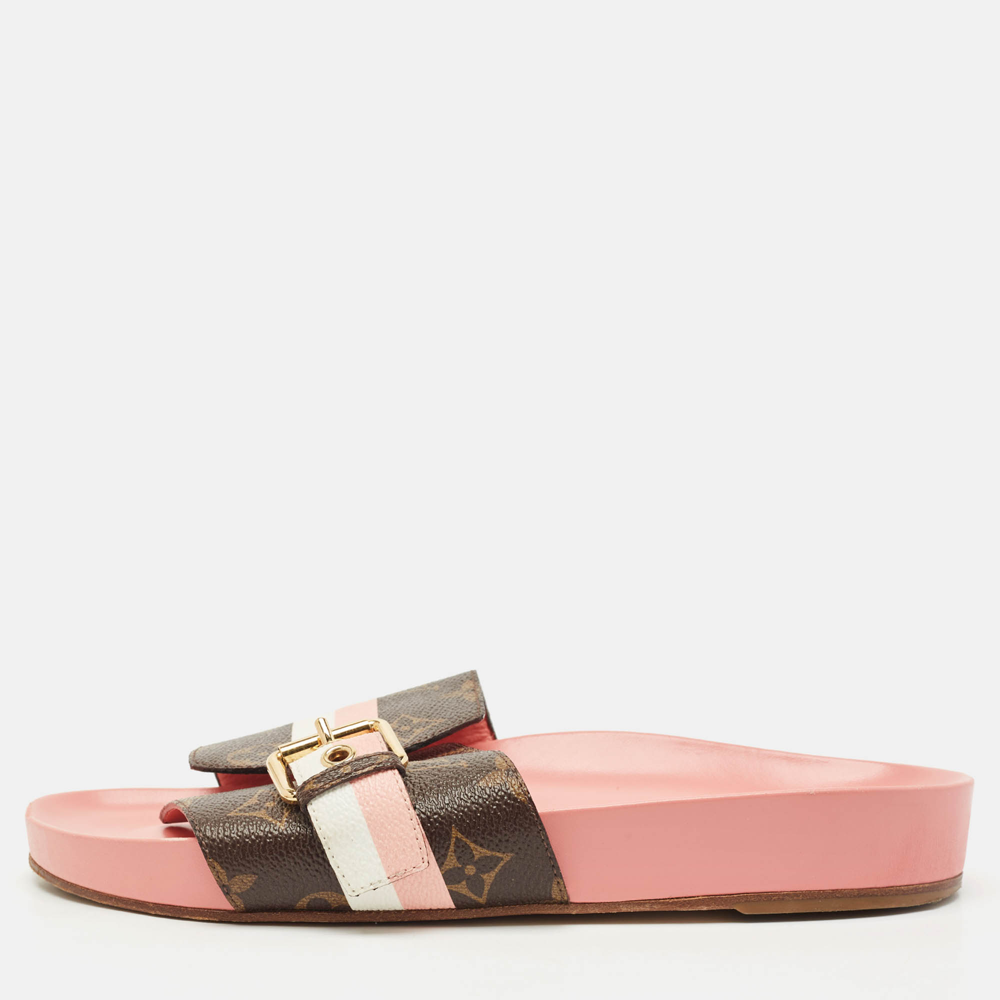 

Louis Vuitton Brown Monogram Canvas Buckle Bom Dia Flat Slides Size