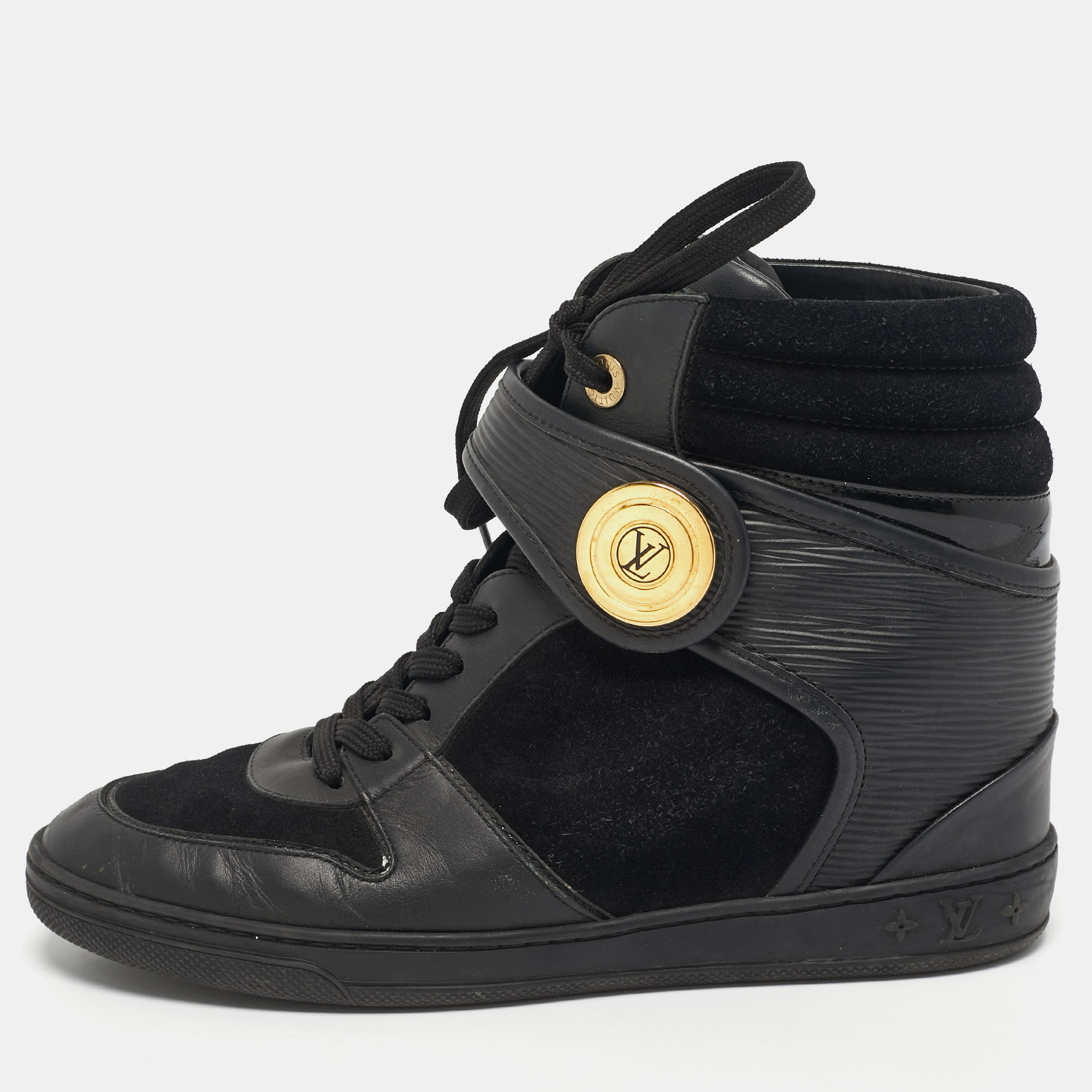 Pre-owned Louis Vuitton Black Leather And Patent Leather High Top Sneakers Size 38.5