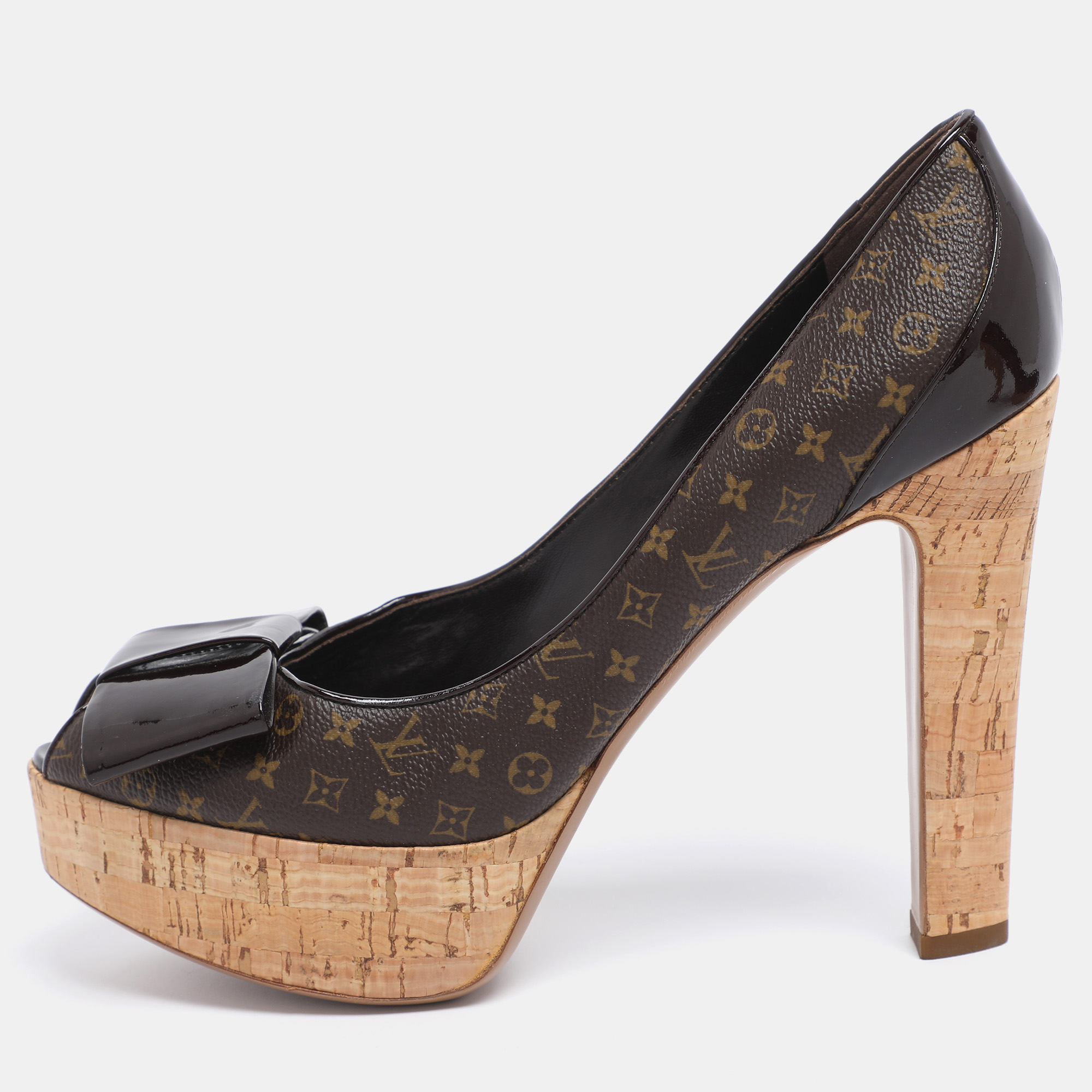 Pre-owned Louis Vuitton Brown Monogram Canvas And Patent Leather Rivoli Cork Peep Toe Platform Pumps 41