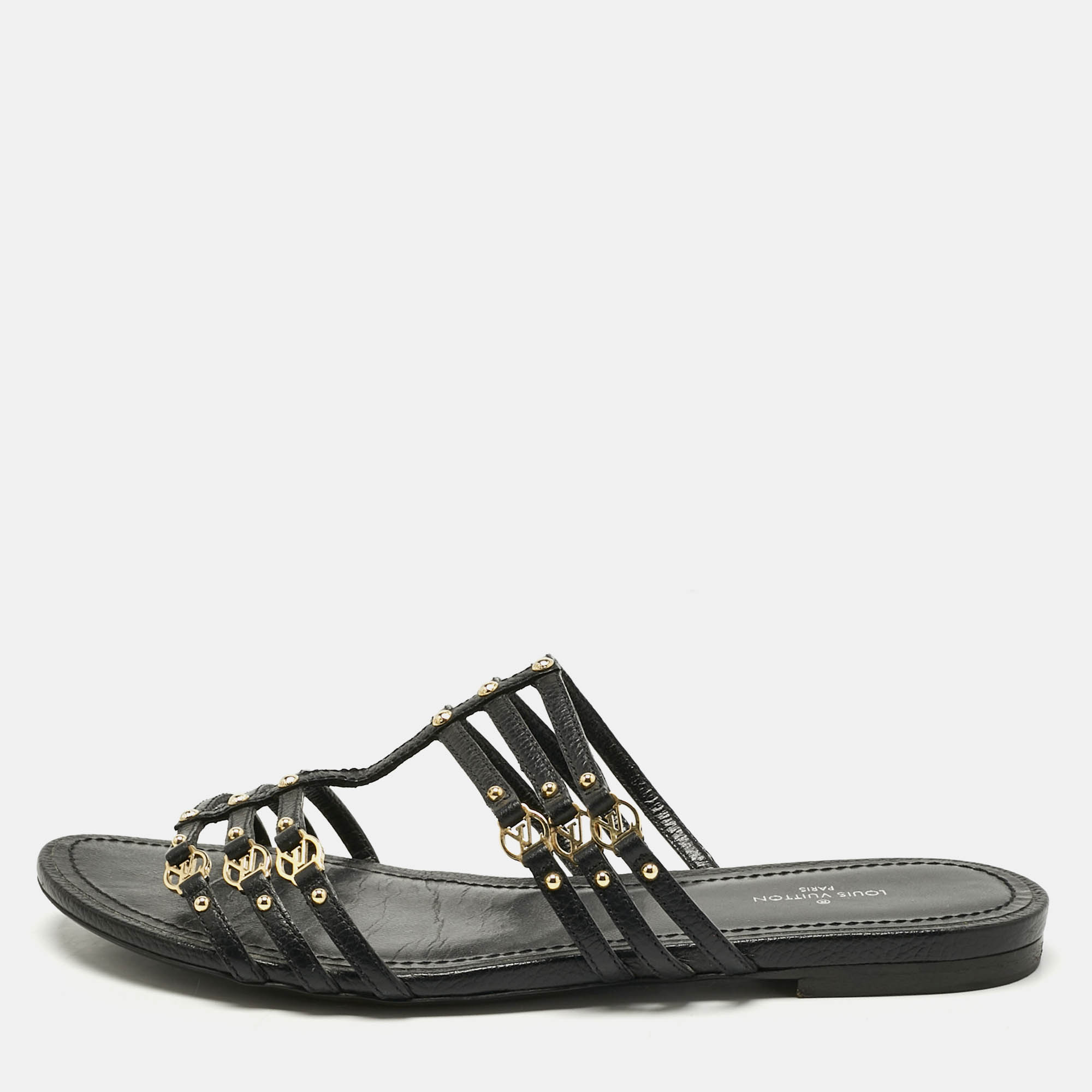 

Louis Vuitton Black Leather Strappy Flat Slides Size