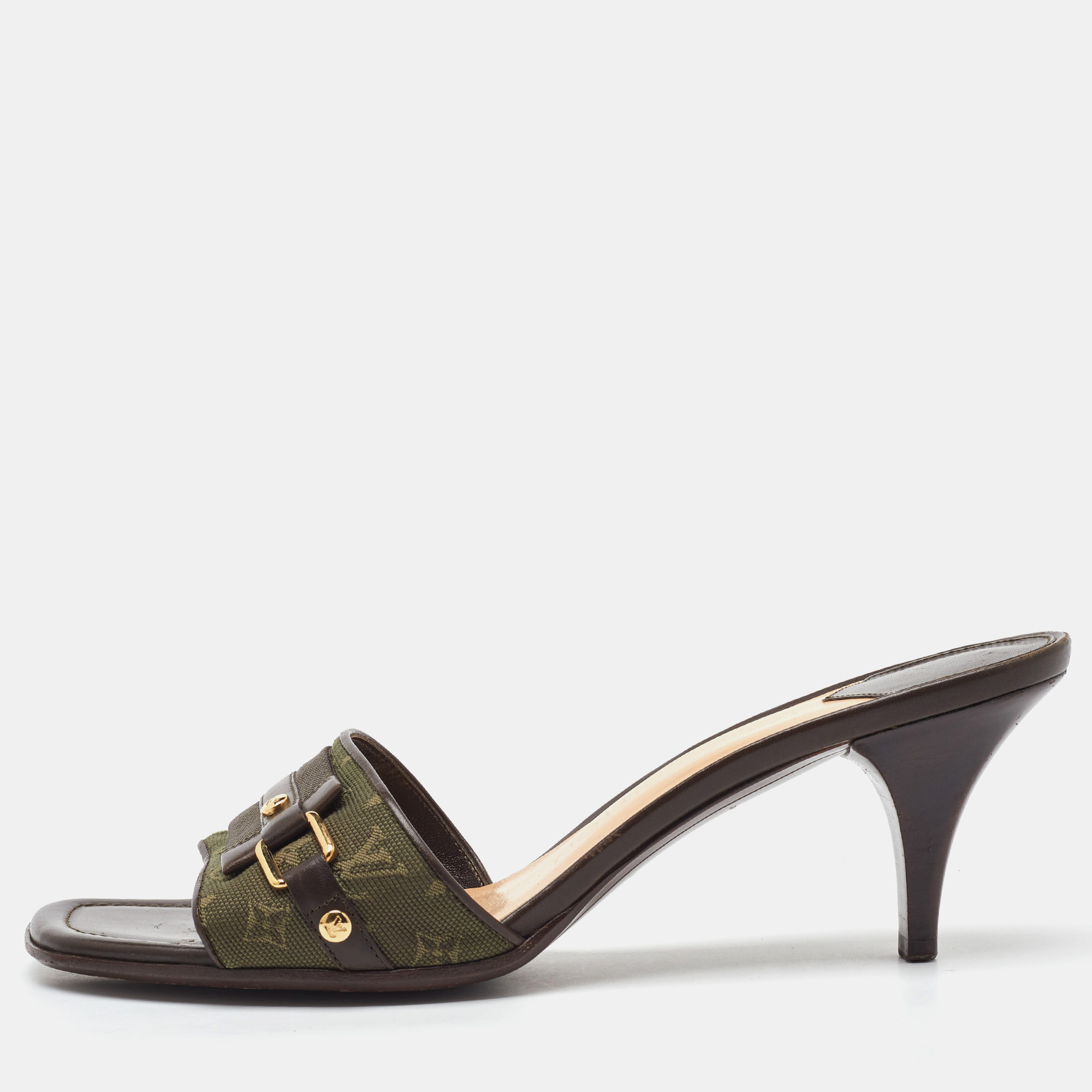 Pre-owned Louis Vuitton Green/brown Canvas And Leather Open Toe Slide Sandals Size 38.5